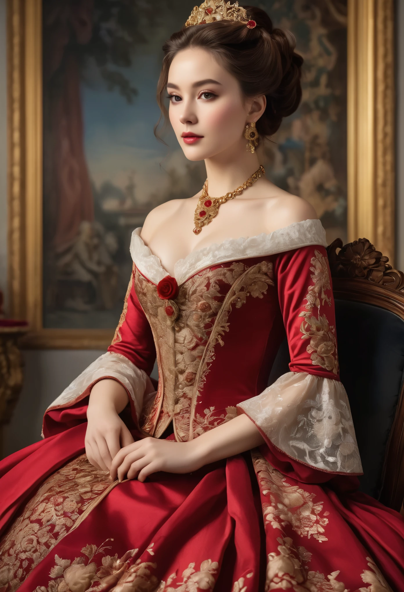 (best quality,4k,8k,highres,masterpiece:1.2),ultra-detailed,(realistic,photorealistic,photo-realistic:1.37), Set against the backdrop of a lavish Victorian parlor, the portrait captures the arresting presence of a young woman who, at the tender age of 20, held sway over the hearts and desires of England's elite youth. Yet, unlike conventional depictions of innocence and virtue, this portrait boldly emphasizes her profession as a courtesan, showcasing her allure and power over those who sought her company.
The courtesan's features are a study in mesmerizing contrasts: her porcelain skin, flawless and radiant, bears the faintest traces of rouge, a subtle reminder of her artful mastery in the art of seduction. Her lips, painted a deep crimson, part slightly in a suggestive smile that hints at the pleasures she offers to those willing to indulge.
Her eyes, pools of dark obsidian, hold a captivating depth that draws the viewer in, promising both intimacy and intrigue. Behind their veiled allure lies a wisdom far beyond her years, a testament to the experiences that have shaped her into a woman of irresistible allure.
Clad in a gown of sumptuous velvet and lace, the fabric clings to her curves in a provocative embrace, leaving little to the imagination. Yet, it is not merely the lavishness of her attire that captivates, but the confidence with which she wears it, a silent declaration of her power and autonomy in a society that seeks to confine and control.
In her hand, she holds a single scarlet rose, its petals unfurled in a silent invitation to those who dare to approach. It is a symbol of her trade, a token of desire offered freely to those who can afford the price of her affections.