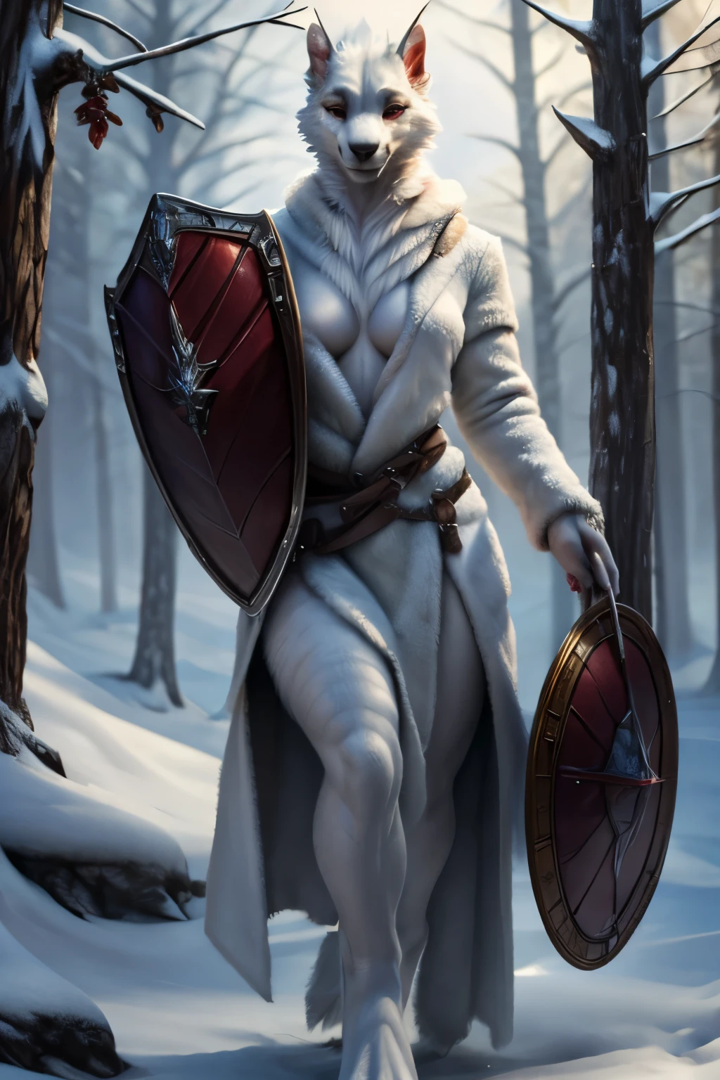 Portrait of a sexy character, adult, (female:1.4), (Anthro:1.2), The Dragon, female, Winter Fur White Clothing, white fur, Fur coat, bare chest, erect nipples, unshaven pubis, hairy pubis, spear and shield in hands, helmet, red horns, photorealism, soft shading, introducing , (A detailed eye:1.1), beautiful eyes, (masterpiece:1.2), Detailed Face, good anatomy, Detailed scales, 1tail, tail, cinematic lighting, ultradetailed, professional photography, HDR, ........3D, realistic, cinematic, realistic, hyper detailed, max detail, Volumetric light, Author: subtract , Ross Tran, Michael & Inessa Garmash, Pinot Daeni, from Ruanjia, solo, (realistic scale, scale, realistic texture scale:1), Detailed background, Фотоrealistic, гиперrealistic, standing, exteriors, winter forest,