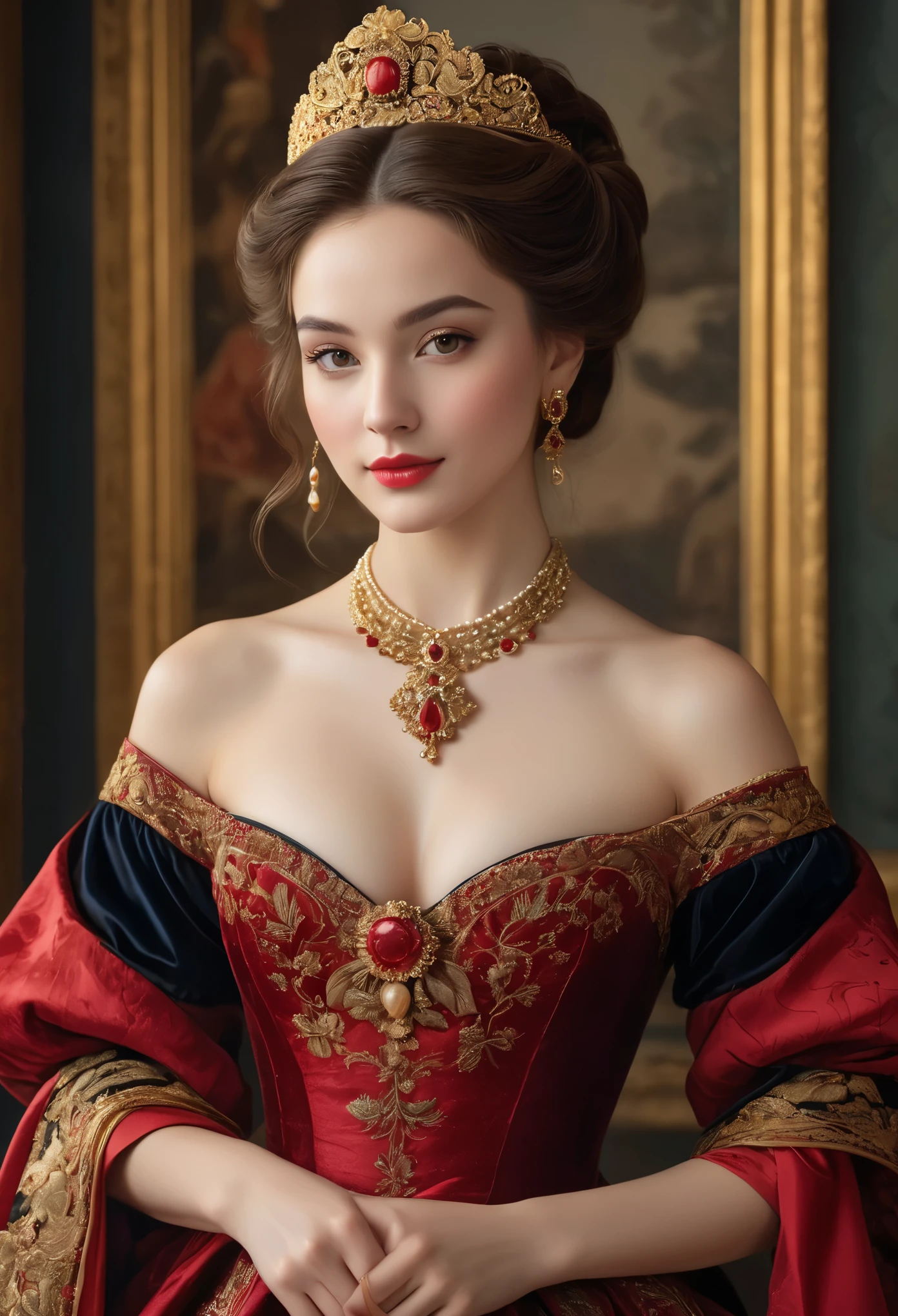 (best quality,4k,8k,highres,masterpiece:1.2),ultra-detailed,(realistic,photorealistic,photo-realistic:1.37), Set against the backdrop of a lavish Victorian parlor, the portrait captures the arresting presence of a young woman who, at the tender age of 20, held sway over the hearts and desires of England's elite youth. Yet, unlike conventional depictions of innocence and virtue, this portrait boldly emphasizes her profession as a courtesan, showcasing her allure and power over those who sought her company.

The courtesan's features are a study in mesmerizing contrasts: her porcelain skin, flawless and radiant, bears the faintest traces of rouge, a subtle reminder of her artful mastery in the art of seduction. Her lips, painted a deep crimson, part slightly in a suggestive smile that hints at the pleasures she offers to those willing to indulge.

Her eyes, pools of dark obsidian, hold a captivating depth that draws the viewer in, promising both intimacy and intrigue. Behind their veiled allure lies a wisdom far beyond her years, a testament to the experiences that have shaped her into a woman of irresistible allure.

Clad in a gown of sumptuous velvet and lace, the fabric clings to her curves in a provocative embrace, leaving little to the imagination. Yet, it is not merely the lavishness of her attire that captivates, but the confidence with which she wears it, a silent declaration of her power and autonomy in a society that seeks to confine and control.

In her hand, she holds a single scarlet rose, its petals unfurled in a silent invitation to those who dare to approach. It is a symbol of her trade, a token of desire offered freely to those who can afford the price of her affections.