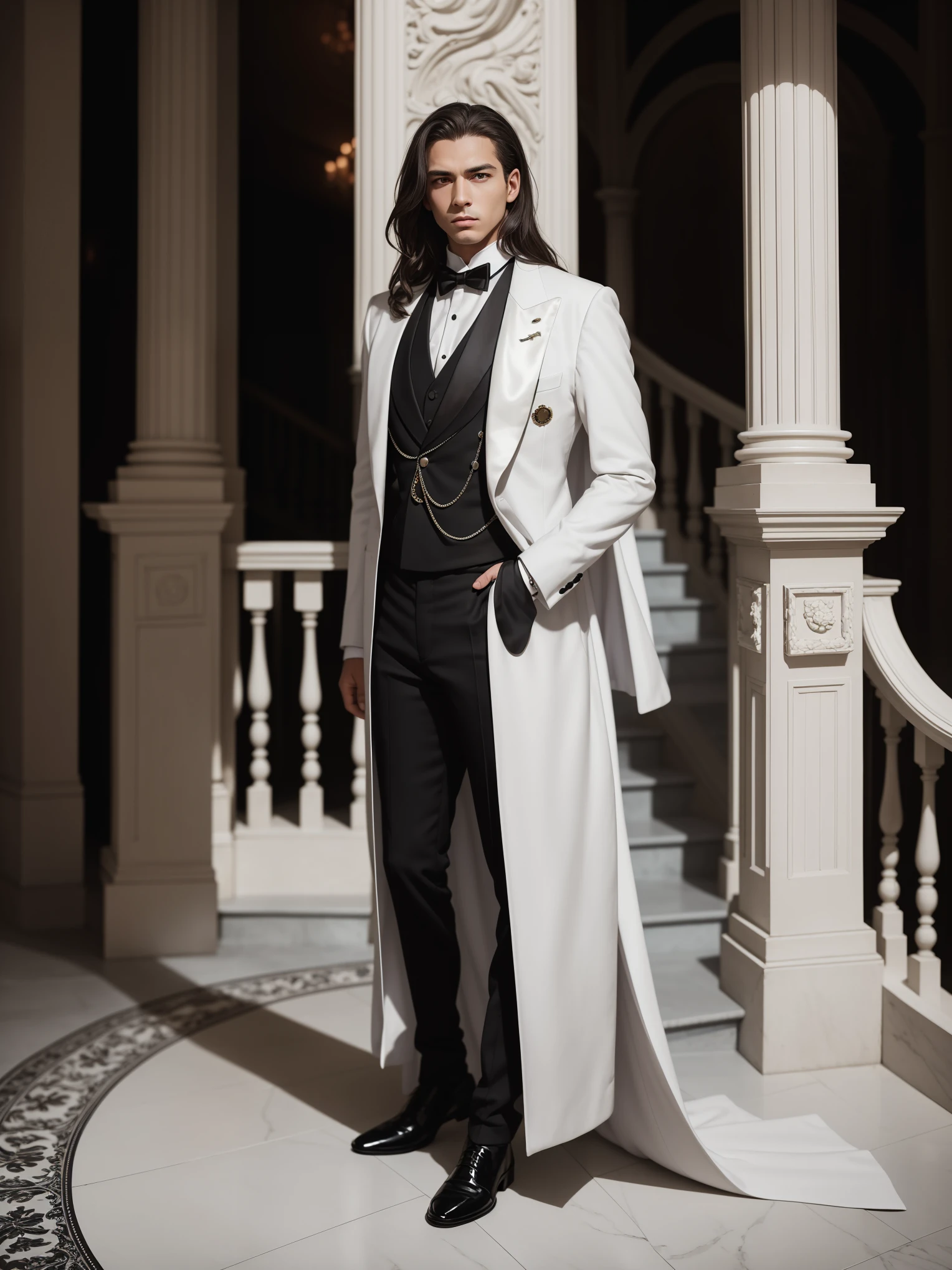 "(masterpiece, high quality, photorealistic style) 1 man, white long hair, black eyes, Victorian black and white tuxedo, standing in front of the main staircase."