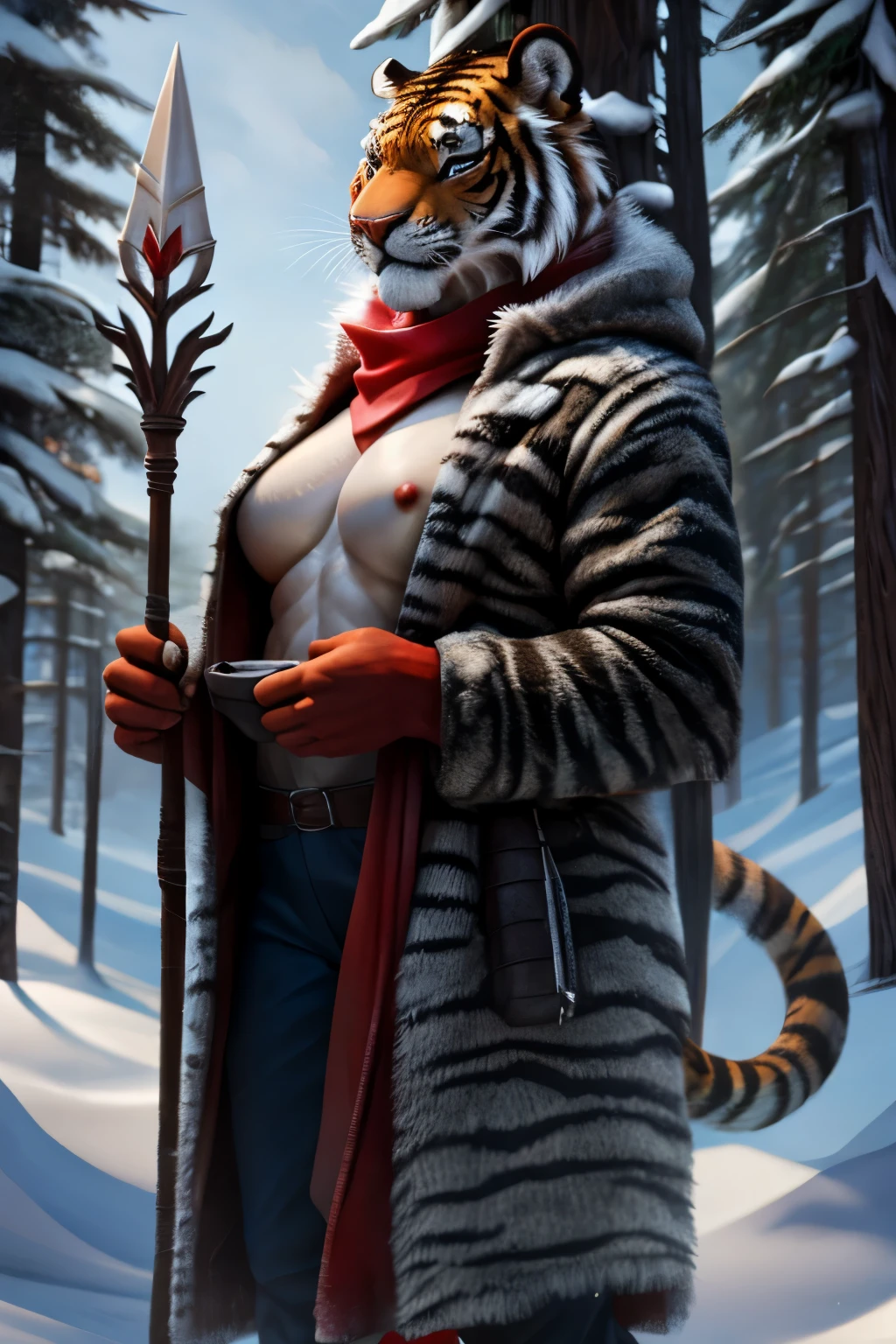 Portrait of a sexy character, adult, (female:1.4), (Anthro:1.2), The Dragon, female, Winter Tiger Fur Clothing, tiger fur, Fur coat, bare chest, erect nipples, unshaven pubis, hairy pubis, spear and shield in hands, helmet, red horns, photorealism, soft shading, introducing , (A detailed eye:1.1), beautiful eyes, (masterpiece:1.2), Detailed Face,  good anatomy, Detailed scales, 1tail, tail, cinematic lighting, ultradetailed, professional photography, HDR, ........3D, realistic, cinematic, realistic, hyper detailed, max detail, Volumetric light, Author: subtract , Ross Tran, Michael & Inessa Garmash, Pinot Daeni, from Ruanjia, solo, (realistic scale, scale, realistic texture scale:1), Detailed background, Фотоrealistic, гиперrealistic, standing, exteriors, winter forest,