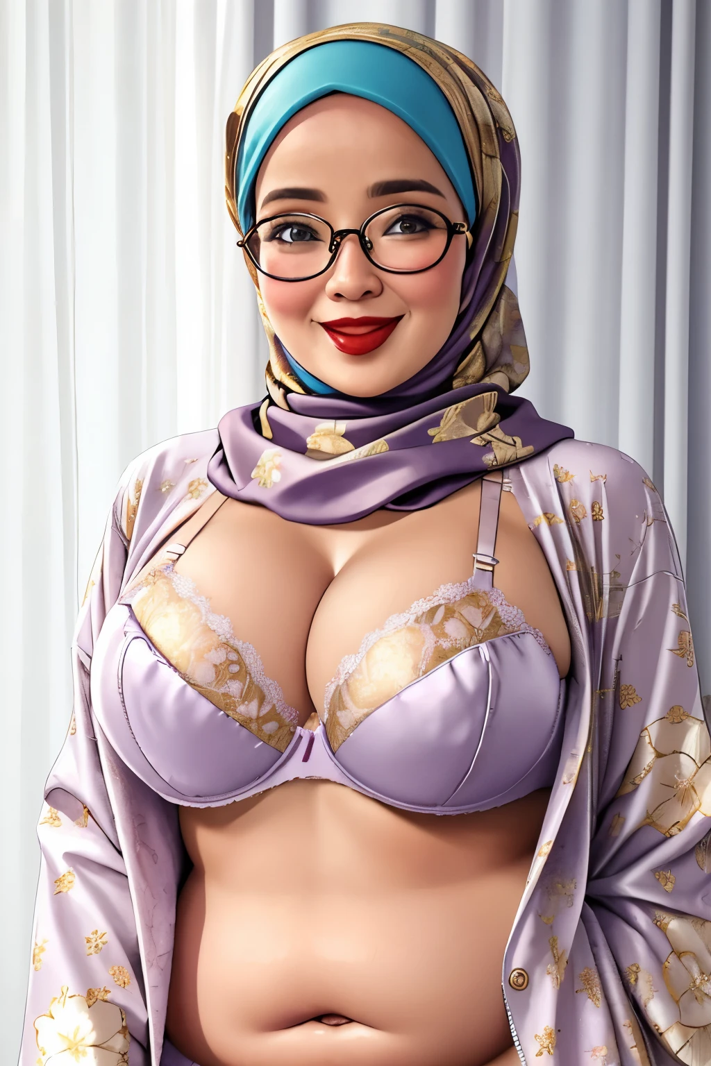 ((WEARING LINGERIE BRA)), Spectacles, Coats, Shiny Breasts, ((Hijab)), ((62 years old)), "Plumpers", ("Gold Hijab Floral pattern Naked"), "G-String & Thong", "Oki Setiana Dewi", ("Rainbow Hijab Floral pattern Naked"), Chubby Wearing Lace Bra & Short Hairy Pussy, "Facial expression in Happy Smile", "Rainbow", "Red Lips", "Bokeh", "Very Happy facial reaction", (Heavy Huge Breasts Tits), Background Kuala Lumpur Twin tower, fat chubby, ((HEAVY NIPPLES)),