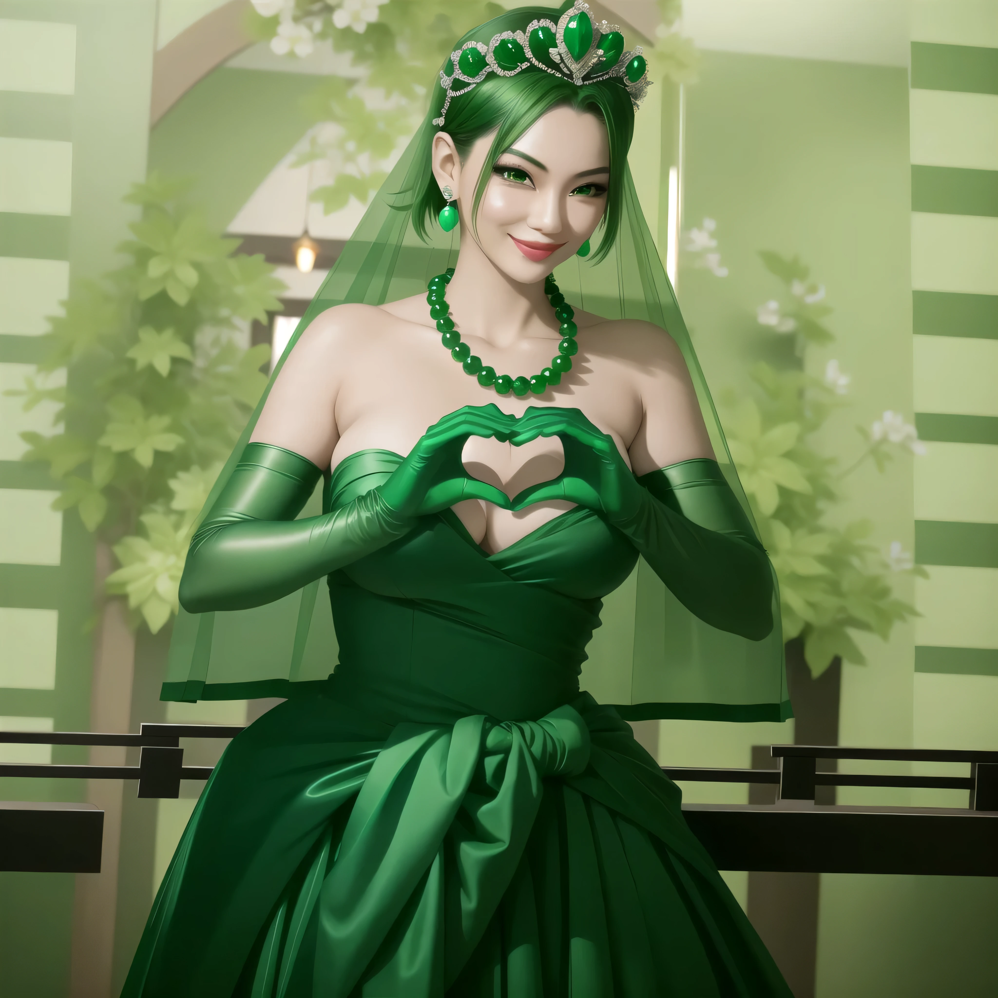 emerald tiara, green pearl necklace, boyish very short green hair, green lips, smiling Japanese woman, very short hair, Beautiful woman with big breasts, green eyes, green satin long gloves, green eyes, emerald earrings, green veil, Heart with both hands, green hair, beautiful japanese woman, heart shaped hands:1.3, green lip gloss