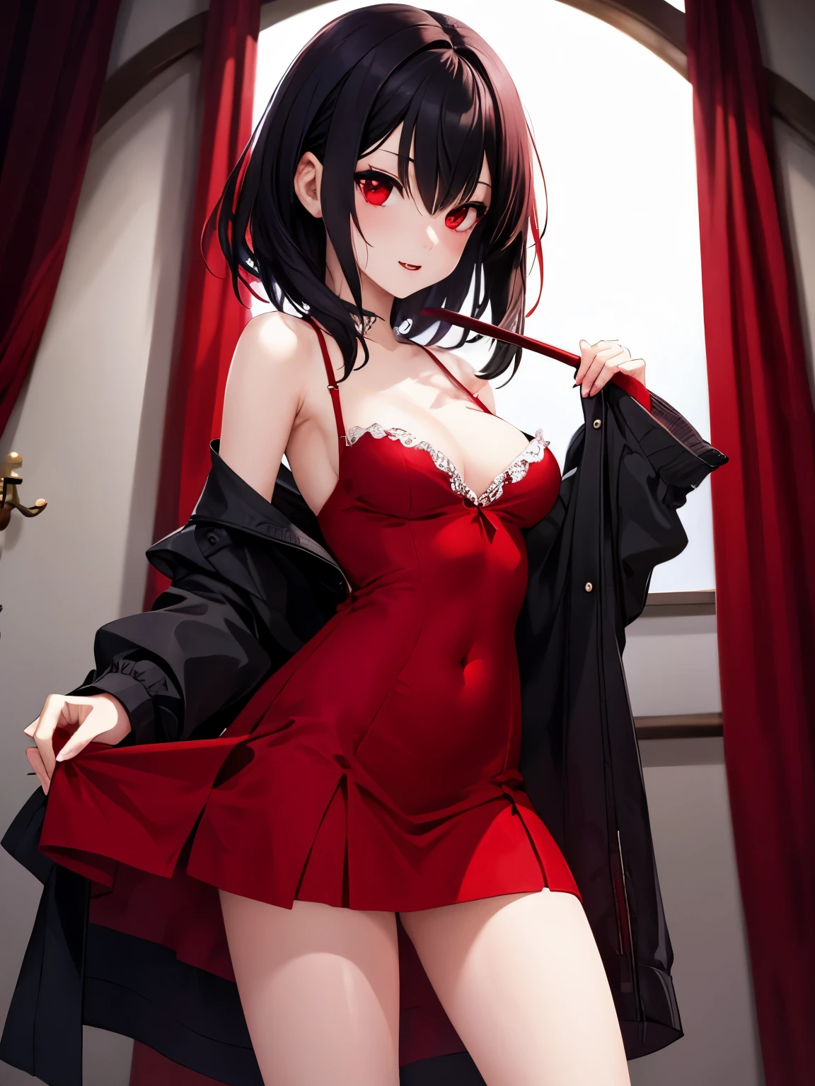 Girl, vampire, medium hair, red eyes, short dress, , looking away, ultra detail, ultra HD, staright hair