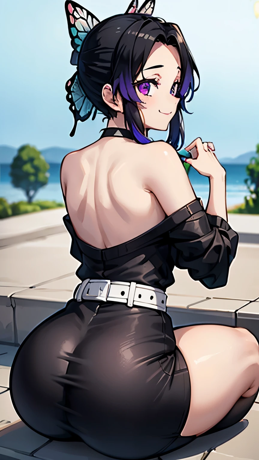 kochou shinobu, 1 girl, alone, ((image from behind)), SITTING, full body dress, black tight dress, black pants, THICC ASS, multicolored hair, hair clips, butterfly, belt, ((best quality)), ((very detailed)), masterpiece, absurdities, 1woman,bright face, narrow waist, thicc hips, wide thighs, HAPPY, SMILING