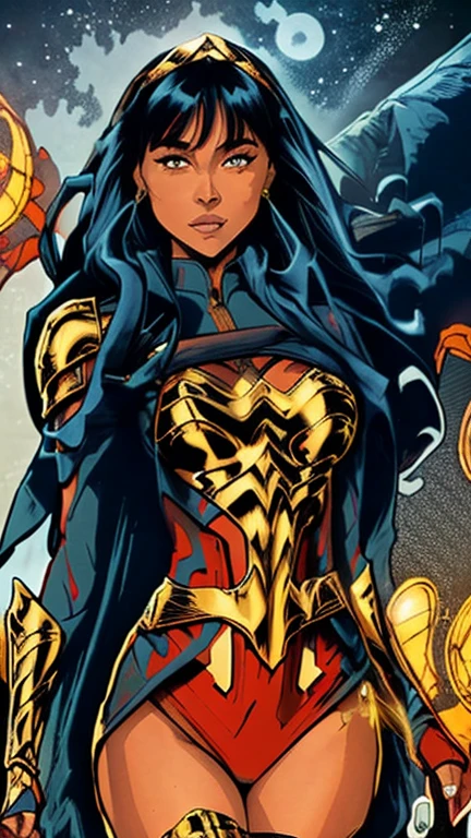 (best quality, 8k, masterpiece, ultra-detailed),super hero Woman 32 years-old,black short hair,beautiful detailed face, big eyelashes,little smile,small breasts,minimum waist,golden armlets,gold belt,futuristic spaceship scenario, dynamic pose, dynamic angle