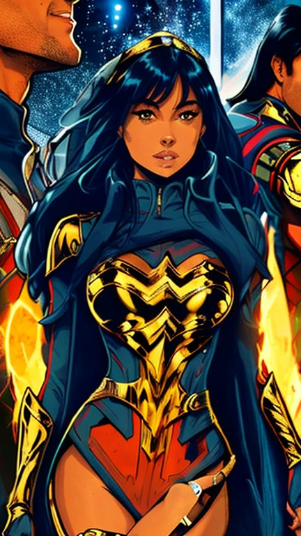 (best quality, 8k, masterpiece, ultra-detailed),super hero Woman 32 years-old,black short hair,beautiful detailed face, big eyelashes,little smile,small breasts,minimum waist,golden armlets,gold belt,futuristic spaceship scenario, dynamic pose, dynamic angle