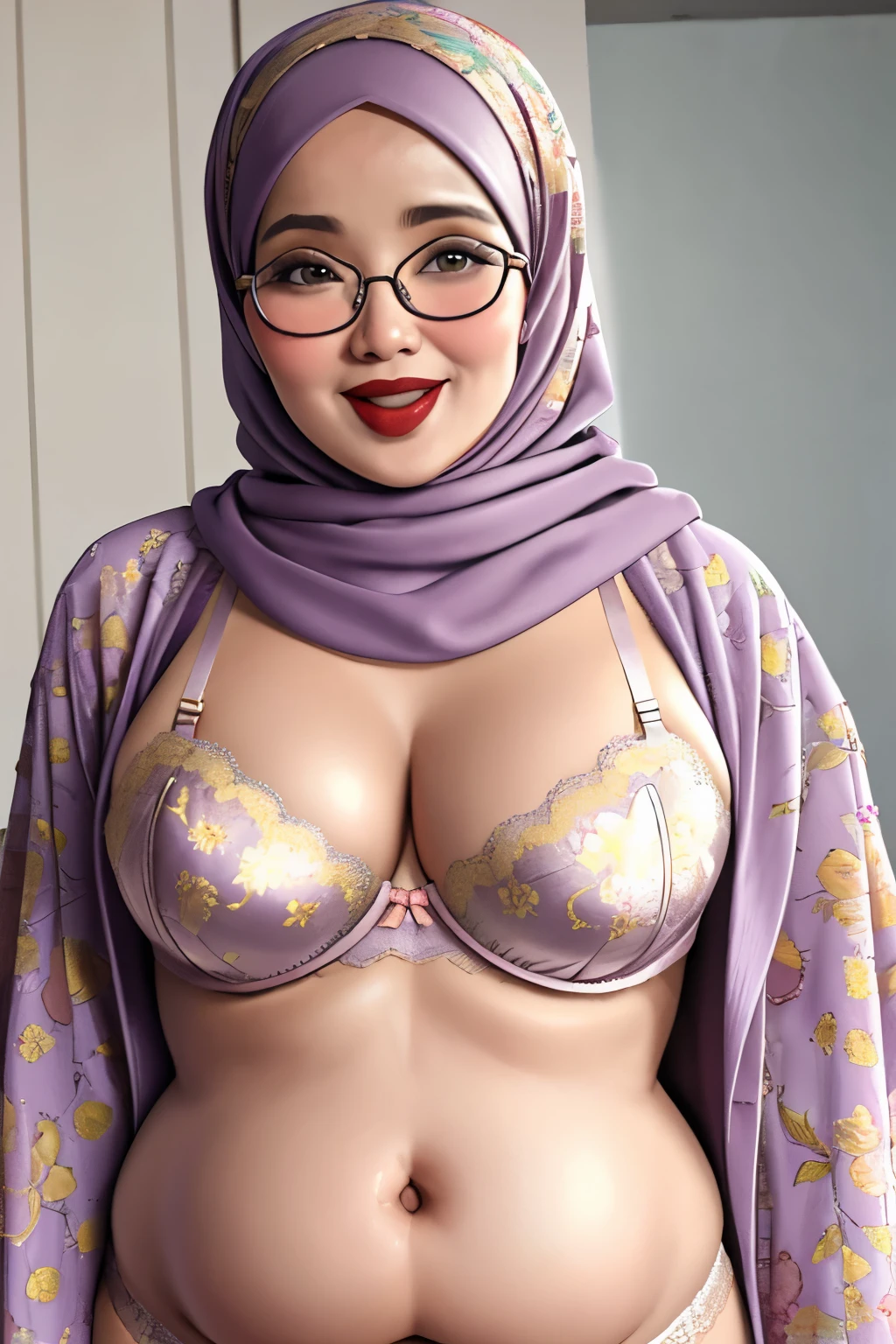 ((WEARING LINGERIE BRA)), Spectacles, Coats, Shiny Breasts, ((Hijab)), ((62 years old)), "Plumpers", ("Gold Hijab Floral pattern Naked"), "G-String & Thong", "Oki Setiana Dewi", ("Rainbow Hijab Floral pattern Naked"), Chubby Wearing Lace Bra & Short Hairy Pussy, "Facial expression in Happy Smile", "Rainbow", "Red Lips", "Bokeh", "Very Happy facial reaction", (Heavy Huge Breasts Tits), Background Kuala Lumpur Twin tower, fat chubby, ((HEAVY NIPPLES)),