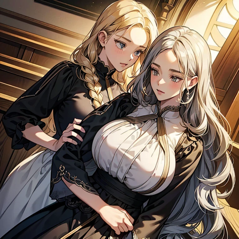 (Anime Moe Style)),((Game CG)),(masterpiece),(highest quality), (Very detailed),shape,((Very delicate and beautiful)), ,Embarrassed expression,Watching the audience,(((18-year-old female)),(Sisters lined up)((whole body)),Detailed face and eyes,Intense eyes like jewels,(Loose braid),,,(Super huge breasts,Long and saggy breasts,) Voluptuous body Silver-haired, black-eyed and blonde-haired, black-eyed sisters Wearing a maxi-length dress that clings to the pitch, arms folded in front of her stomach