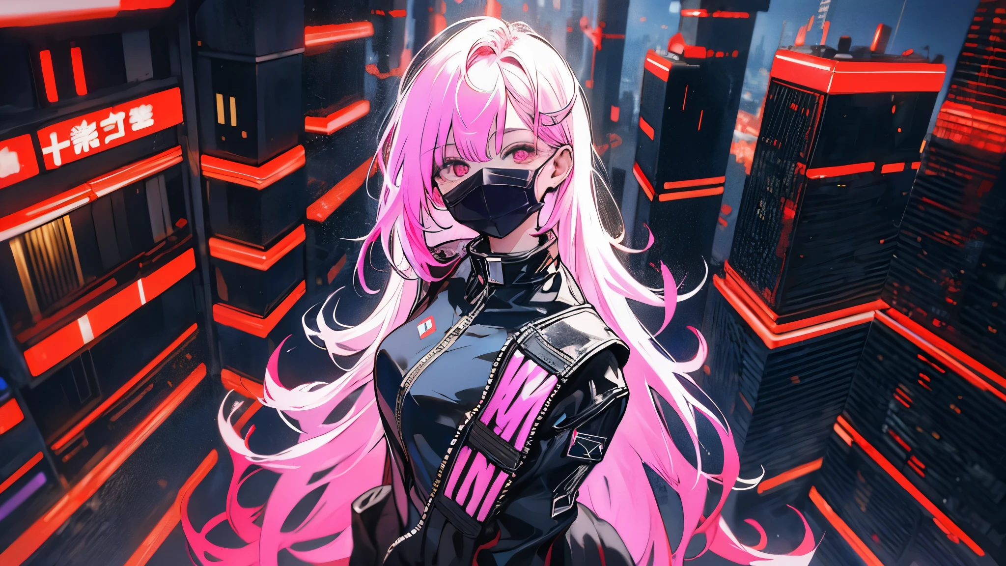 (One girl)、(voluptuous beauty)、(30 years old)、(Very long white hair)、(Best image quality)、(8K quality)、(cyber punk)、(Tabletop)、 （Black Mask）、(flickering of light)、(cyber punk風のフード付き軍服を着る)、(A confident smile:1.2)、(Eye patch)、(Full body photo)、Cinematic Light, Cinema Shadow, Clear images, Very detailed, Volume measurement, Bright sprites, Particle Effects, Beautiful Effects, Bright colors, neon, (neonライト:1.5), Very detailed画像テクスチャ, Fine hair, Detailed face, Fine grain, Full body photo, city、Black Hair、Eyes Shining、Glowing red aura、Photo from above the knees、Beautiful Effects, Bright colors, Very detailed画像テクスチャ, Fine hair, Fine grain,(Cyberpunk cityscape at night:1.5)、Close-up face