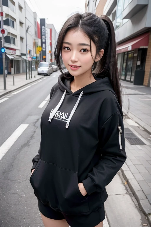 ((best quality)), ((masterpiece)), (detailed), perfect face,(18 years old),(beautiful girl), ponytail,(blackes Braun hair), cute smile (looking at vivers) on a streat road,( full body view),(detailed lips), perfect head ,(detailed face), wers a white hoodi black Stiles short pant that reaches nee, heads in hoodi pocket,(big breasts),(perfect body),(Japanese/Korean girl)