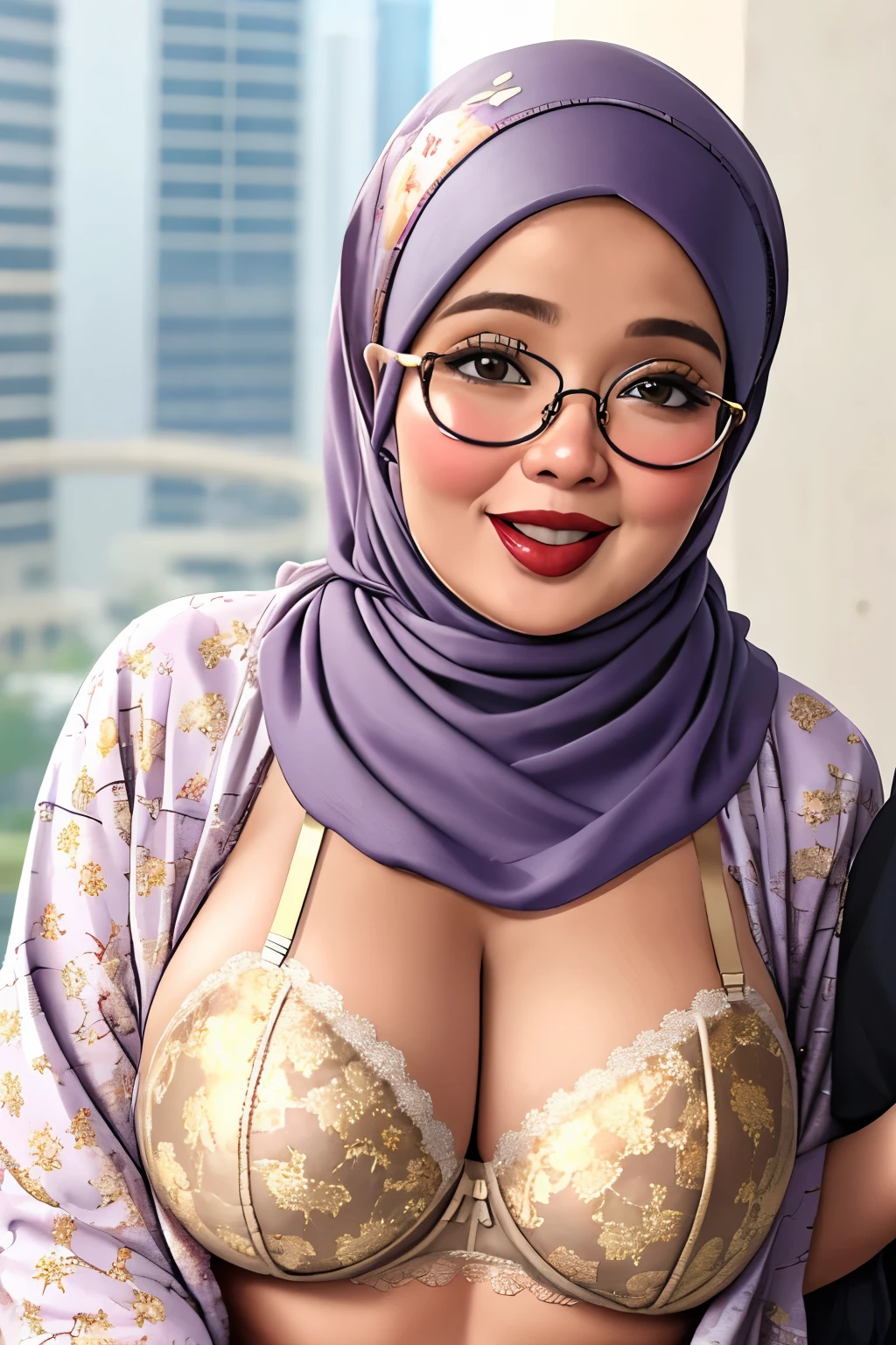 ((WEARING LINGERIE BRA)), Spectacles, Coats, Shiny Breasts, ((Hijab)), ((62 years old)), "Plumpers", ("Gold Hijab Floral pattern Naked"), "G-String & Thong", "Oki Setiana Dewi", ("Rainbow Hijab Floral pattern Naked"), Chubby Wearing Lace Bra & Short Hairy Pussy, "Facial expression in Happy Smile", "Rainbow", "Red Lips", "Bokeh", "Very Happy facial reaction", (Heavy Huge Breasts Tits), Background Kuala Lumpur Twin tower, fat chubby, ((HEAVY NIPPLES)),