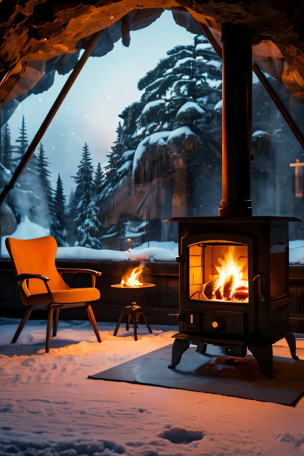 (best quality,8k,highres,masterpiece:1.2),ultra-detailed,(realistic,photorealistic,photo-realistic:1.37),landscape,cave-made room,orange lighting,wood-burning stove,big windows,heavy snow outside