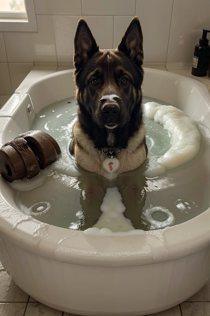 large dog, German shepherd breed, with happy face, shining eyes, sitting taking a bath, full of foam and soap bubbles all over his body