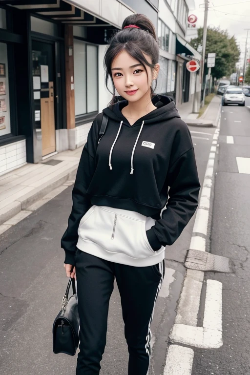 masterpiece,best quality,very beautiful 12 year old girl,black adidas sweatshirt hoodie,Highest quality,(realistic:1.5),Wink,smile,((Put on the hood)),Close your left eye,very thin legs,Low-rise hot pants,natural skin texture, raw photo,Little Girls Body,Little girl's face, thin thighs,Back view