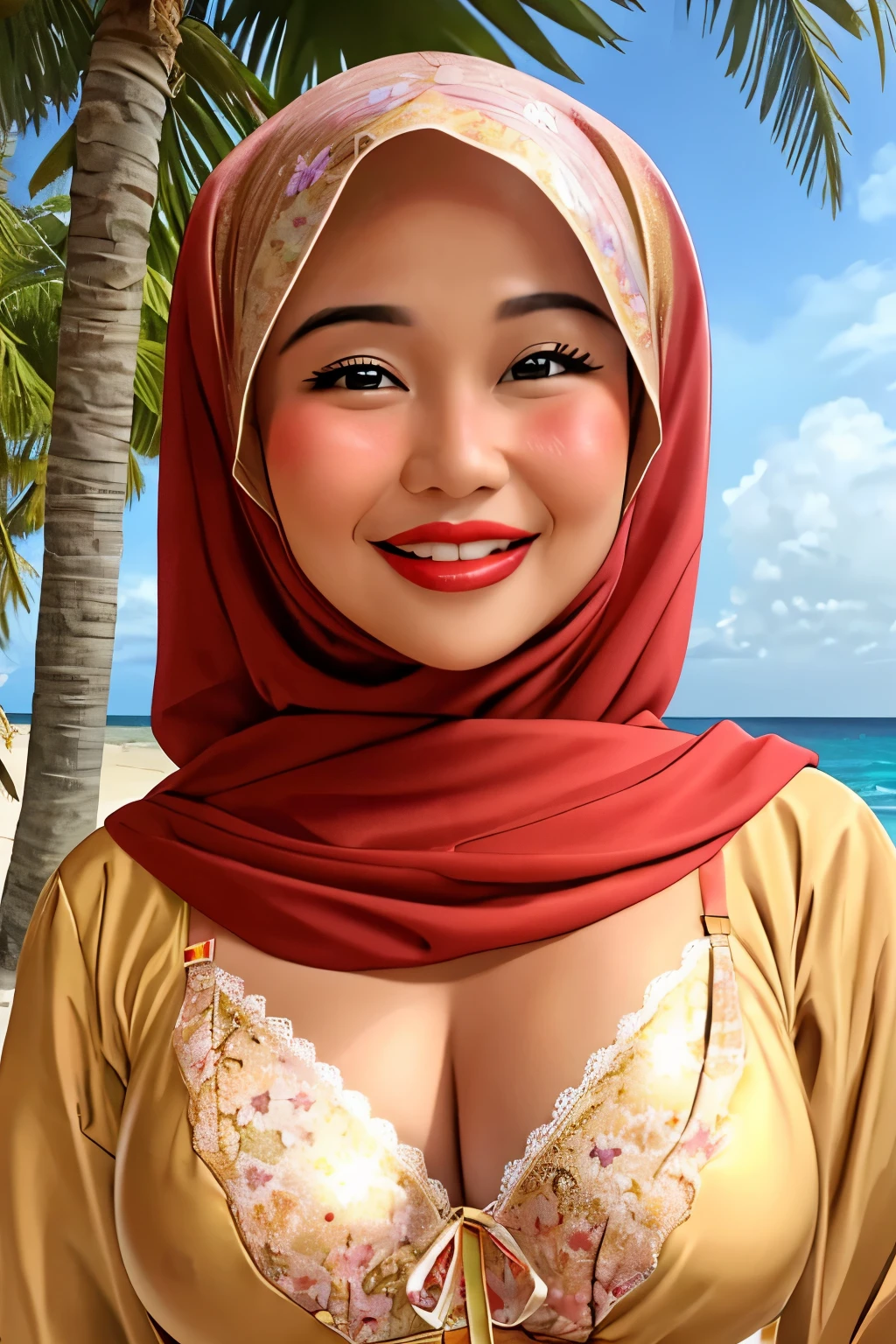 ((WEARING LINGERIE BRA)), Coats, Shiny Breasts, ((Hijab)), ((62 years old)), "Plumpers", ("Gold Hijab Floral pattern Naked"), "G-String & Thong", "Oki Setiana Dewi", ("Rainbow Hijab Floral pattern Naked"), Chubby Wearing Lace Bra & Short Hairy Pussy, "Facial expression in Happy Smile", "Rainbow", "Red Lips", "Bokeh", "Very Happy facial reaction", (Heavy Huge Breasts Tits), Background of beach bali, fat chubby, ((HEAVY NIPPLES)),