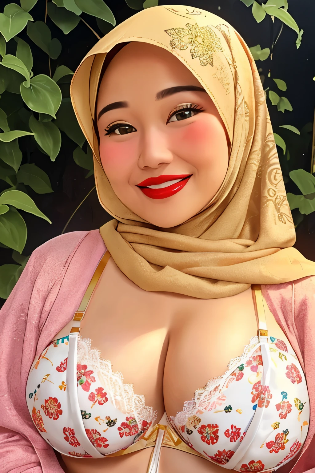 ((WEARING LINGERIE BRA)), Coats, Shiny Breasts, ((Hijab)), ((62 years old)), "Plumpers", ("Gold Hijab Floral pattern Naked"), "G-String & Thong", "Oki Setiana Dewi", ("Rainbow Hijab Floral pattern Naked"), Chubby Wearing Lace Bra & Short Hairy Pussy, "Facial expression in Happy Smile", "Rainbow", "Red Lips", "Bokeh", "Very Happy facial reaction", (Heavy Huge Breasts Tits), Background Wilderness , fat chubby, ((HEAVY NIPPLES)),