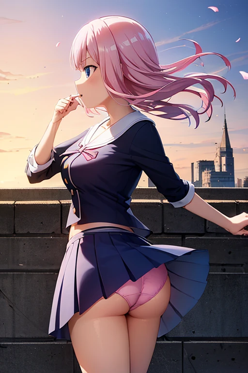 2d, masterpiece, Best quality, Anime, highly дetaileд, cowboy shot, 1 girl, One, Fujiwara Chika, Blue eyes, Pink hair, bow, black onion,Short skirt , Summer Uniform, big breasts, sexy big ass, pink panties, back view, upskirt