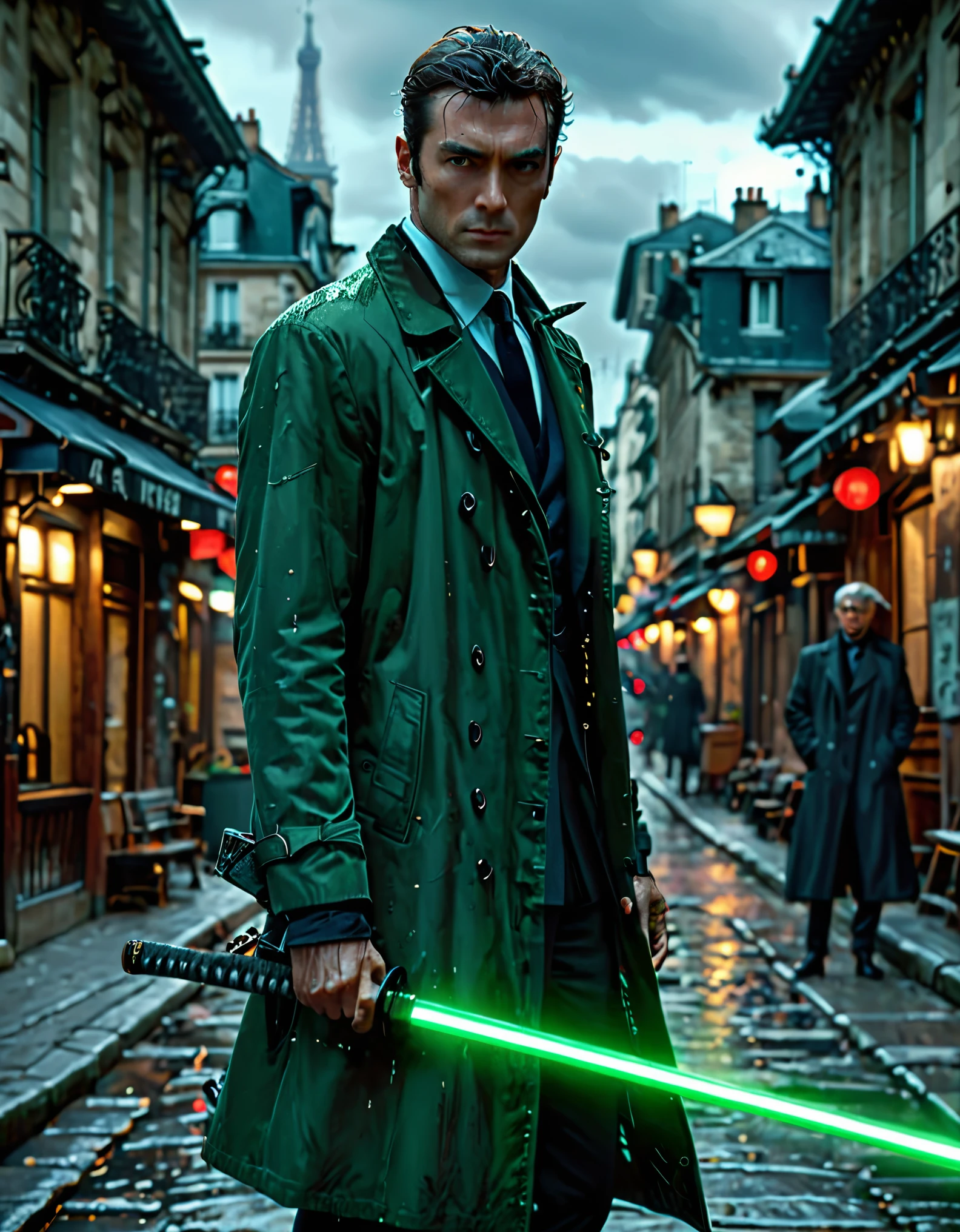 masterpiece, best quality, hyper detailed, ultra detailed, 1man, solo, solo focus, arafed french man in a coat, (using katana), tall body, middle-aged man, professional, relaxed but determined, serious but cool, he's a hitman in peacoat, he is wearing a green trenchcoat, dark green suit and tie, slacks, black dress shoes, full body and head shot, full body shoot, full-body-shot, fullbody shot, dock, paris, night backdrop, film noire atmosphere, reddish grey hair, green eyes, hair over one eye, secret agent, spy, midnight, noir lighting.
