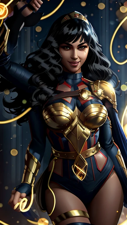 (best quality, 8k, masterpiece, ultra-detailed),super hero Woman 32 years-old,black short hair,beautiful detailed face, big eyelashes,little smile,small breasts,minimum waist,golden armlets,gold belt,futuristic spaceship scenario, dynamic pose, dynamic angle