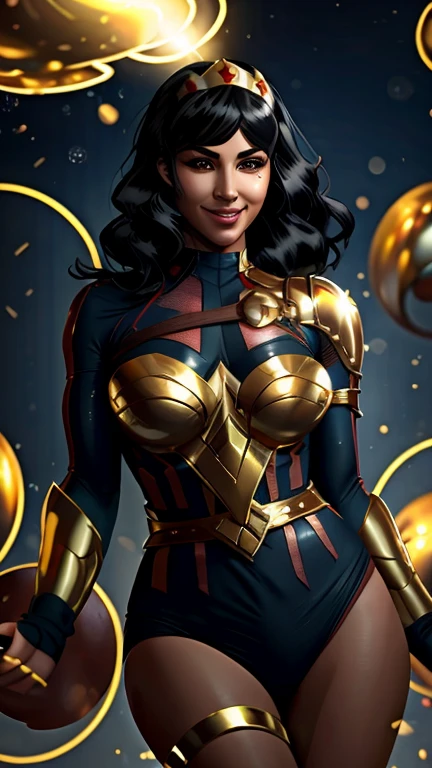 (best quality, 8k, masterpiece, ultra-detailed),super hero Woman 32 years-old,black short hair,beautiful detailed face, big eyelashes,little smile,small breasts,minimum waist,golden armlets,gold belt,futuristic spaceship scenario, dynamic pose, dynamic angle