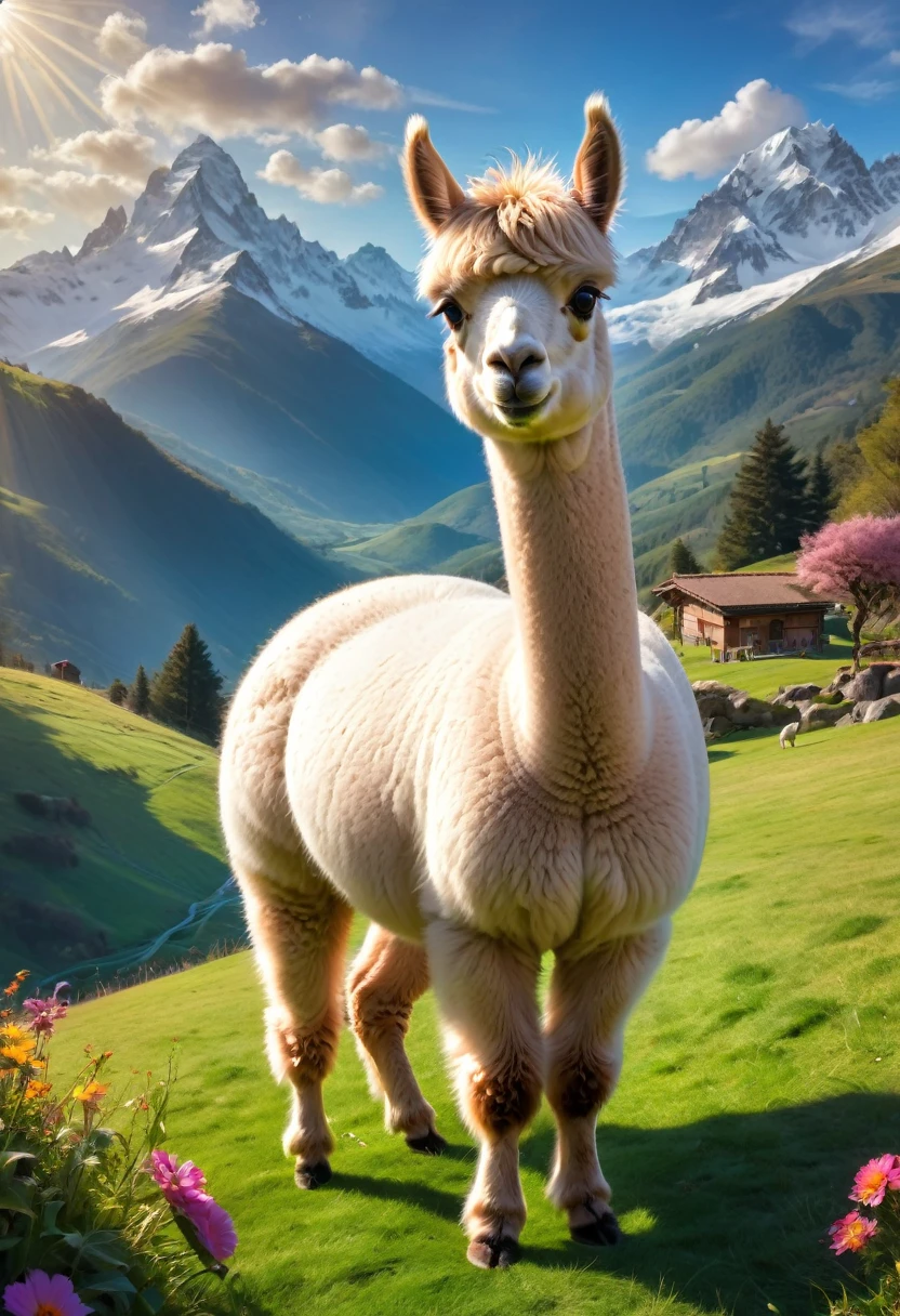 An Alpaca, aesthetic, best quality,ultra-detailed,realistic,photorealistic,alpaca,random activities,funny expressions,fluffy fur,cute eyes,curious pose,playful behavior,beautiful landscape,green grass,tall mountains,vibrant colors,sunshine,soft lighting,adventurous spirit,pure joy,memorable moment,artistic style,creative composition,colorful palette,harmonious atmosphere,ethereal ambiance,vivid details,dynamic motion,joyful energy,surreal elements,imaginative interpretation,sense of wonder,whimsical touch,playful imagination,unpredictable actions,mischievous smile,lively personality,surprising encounters,unexpected scenarios,endearing sight,delightful surprises,magical moments,fantastical elements,heartwarming scenes,cherished memories