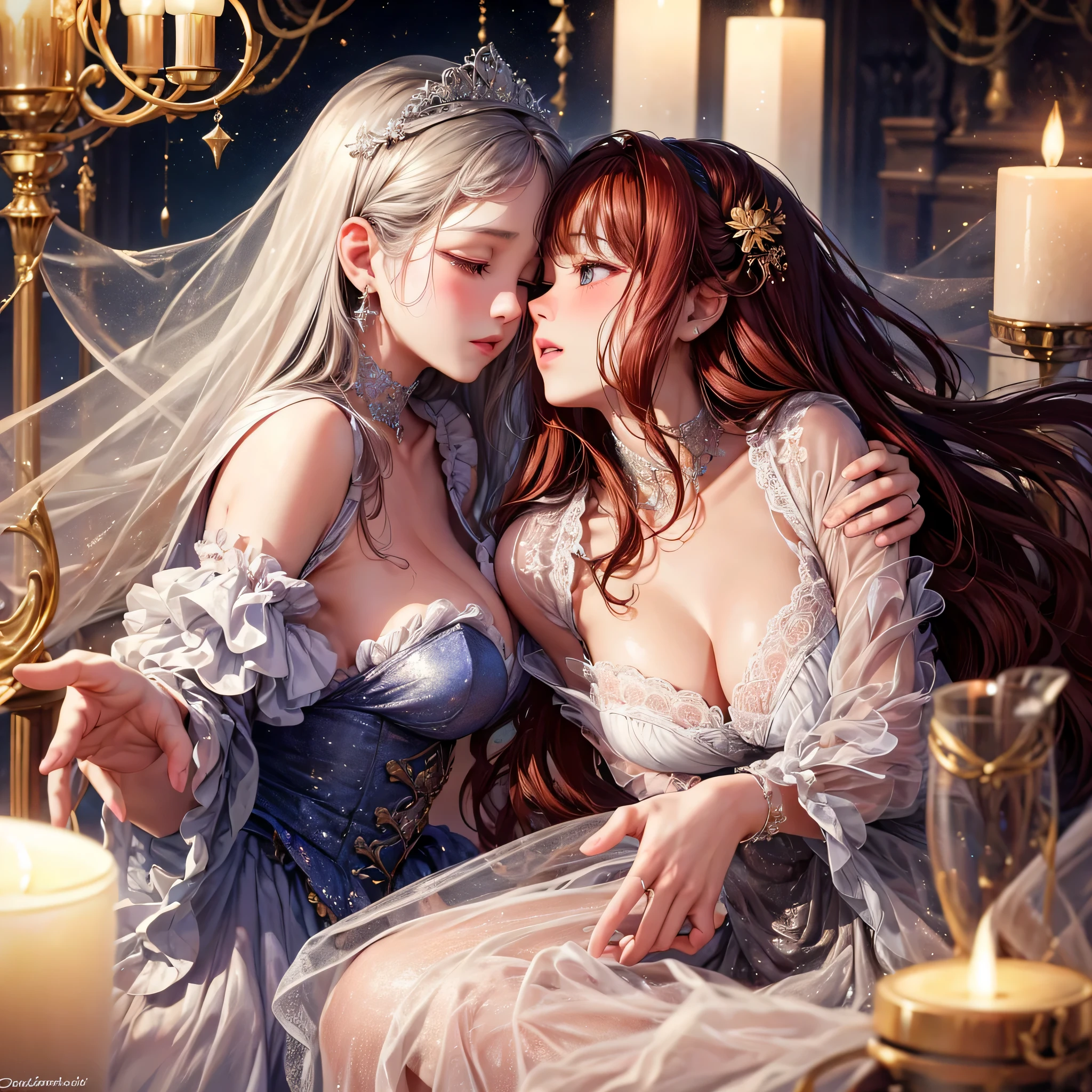 (best quality,4k,8k,highres,masterpiece:1.2),ultra-detailed,realistic:1.37,two girls kissing,long red sheer skirt,gr3ysh33r posing,beautiful detailed eyes,beautiful detailed lips,feminine and romantic atmosphere,gentle touch,soft lighting,vivid colors,romantic and intimate setting,subtle wind blowing the skirt,passionate expressions,delicate lace details,seductive and sensual embrace,dreamy and ethereal background,subdued tones,evoking love and desire,subtle blush on their cheeks,mystical and enchanting charm,whispering secrets,lost in the moment,artistic composition with dynamic angles,emotive and powerful connection,unforgettable and timeless scene,masterfully painted,impeccable attention to detail,magical and mesmerizing,artistic inspiration from Renaissance paintings,classic beauty with a modern twist,filled with love and longing,celebration of love's embrace.