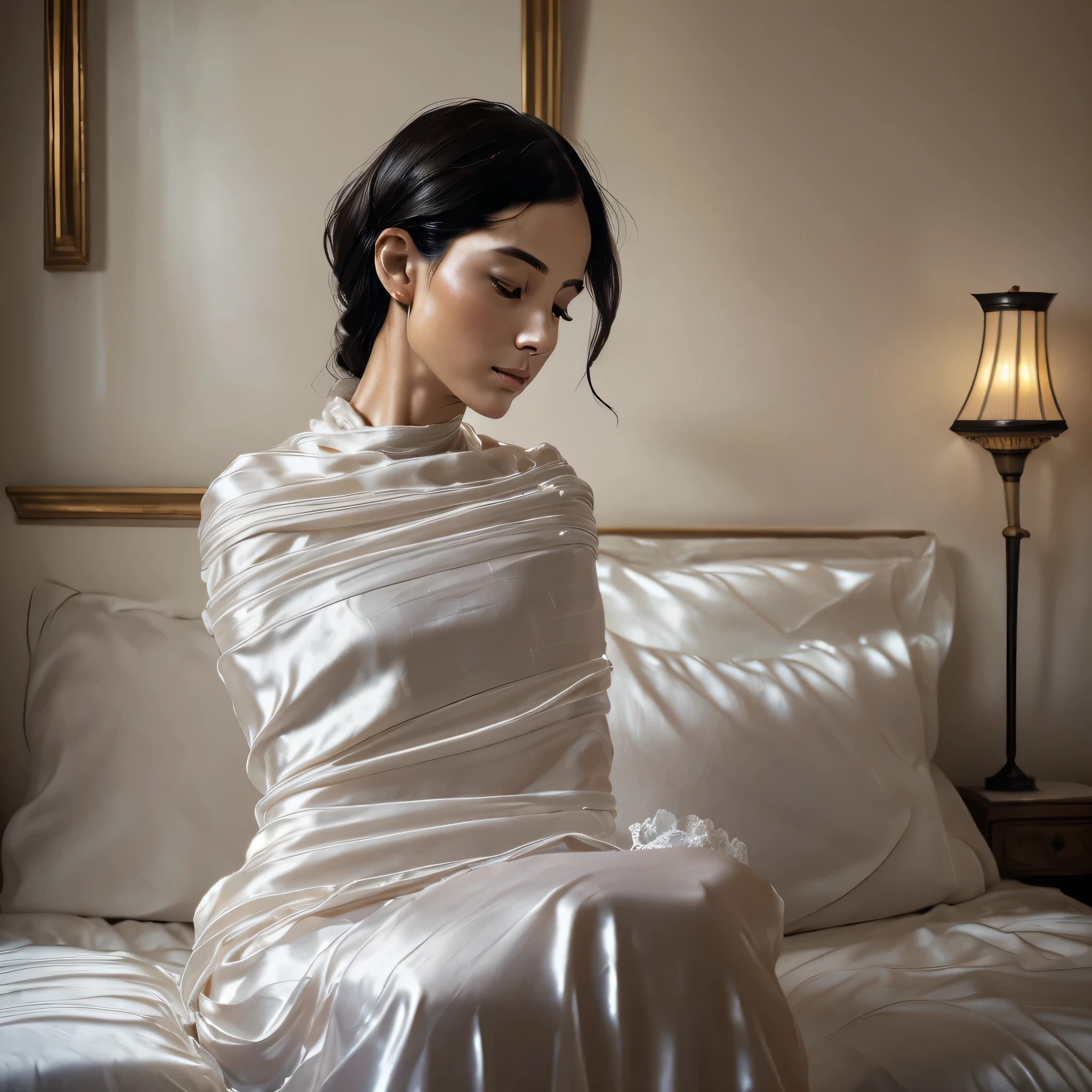 (a beautiful woman in the silk sack, mummified),oil painting,delicate brushstrokes,a serene expression,graceful posture,light streaming through the fabric,ethereal atmosphere,detailed folds and textures,subtle color palette,subdued lighting,high contrast,photorealistic,soft focus,hauntingly beautiful,finely crafted features,elegant and mysterious,surreal backdrop,impeccable attention to detail,lifelike eyes and lips,fine lines and wrinkles,meticulous composition,elegantly draped fabric,silk threads shining,underlying sense of peace and tranquility,dreamlike quality,subtle hints of decay,submerged in calmness,vivid portrayal of emotion,Ancient Egyptian inspiration,masterpiece:1.2,emotional depth,ethereal beauty