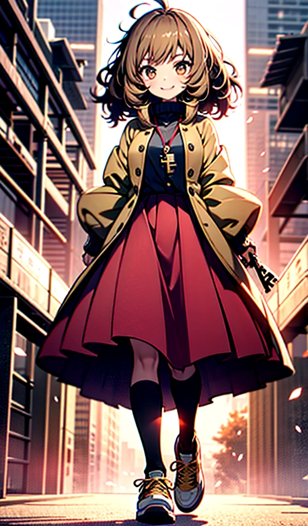 1girl, alone, long hair, wavy hair, puffy hair, dark golden hair, puffy bangs in the center, golden eyes, big eyes, smile, yellow jacket, jacket with buttons, jacket with red collar, long skirt, red skirt , long stockings, black stockings, school shoe, brown shoe, weapon (giant key), triumphant pose, white background, Japanese art background, cherry blossoms in the background, sunset, abstract background, high definition, maximum details, centered image, body complete, front view, looking at viewer, masterpiece