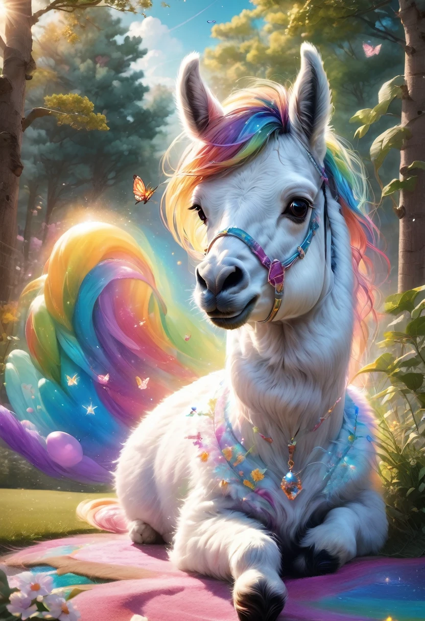 An Alpaca, aesthetic, (best quality,4k,8k,highres,masterpiece:1.2),ultra-detailed,(realistic,photorealistic,photo-realistic:1.37),alpaca,colorful,funny,quirky,adorable,lively,expressive,random activities,playful,curious,cheerful,friendly,cute face,fluffy fur,standing upright,humanlike gestures,sunlit field,rolling on the grass,sprinkling water,running in circles,chasing butterflies,eating flowers,dancing,jumping in puddles,exploring new places,making silly faces,licking its lips,basking in the sun,curled eyelashes,majestic in its playfulness,soft and warm gaze,rainbow-colored mane,whimsical imagination,giggling with joy,painting with its hooves,flying on a magical carpet,posing for a photoshoot,enjoying a picnic,toy box filled with surprises,balloon-filled sky,juggling balls,ice cream truck arrival,musical instruments playing on its back,hula hooping,balancing on a tightrope,reading a book,magical adventures,cookie baking in a treehouse,vibrant colors,glowing with happiness,sparkling stars surrounding it,spreading laughter and happiness to everyone.