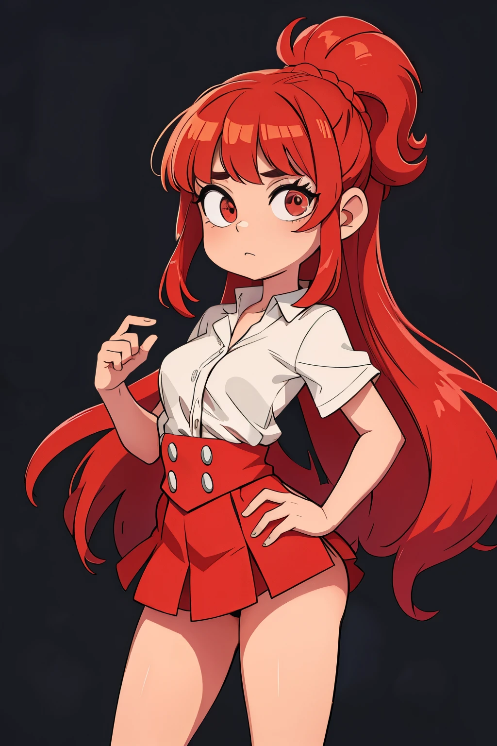 ultra-detailed, masterpiece, highest quality,shiny skin,wet skin,glossy skin,(la brava:1.5),mini skirt,pleated skirt,white shirt,school uniform,twin tails,red hair ,long hair,smile,red eyes,,open mouth fangs,beach <lora:labrava2:1>