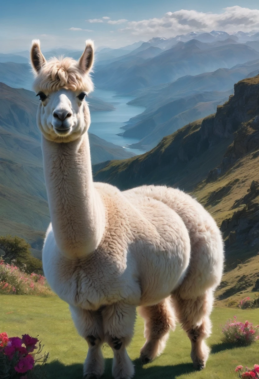 An Alpaca, aesthetic, (high-quality, realistic, vibrant colors, detailed) An alpaca explores its surroundings, showcasing its playful and curious nature. Its fluffy white coat is intricately textured, creating a 3D effect. The alpaca's expressive eyes captivate with their vivid blue hue, while its long, curly lashes add a touch of elegance. As it moves, its slender legs gracefully carry its fluffy body, creating a sense of lightness. The alpaca's inquisitive mouth nibbles on grass, portraying its love for exploring and trying new things. Its surroundings bloom with an array of vibrant flowers, filling the scene with a burst of colors. The soft sunlight casts a warm glow on the alpaca and the surrounding landscape, highlighting every intricate detail. The artwork captures the alpaca's delightful personality, rendering it with astonishing realism and precision. The picture exudes a cheerful and lively ambiance, showcasing the alpaca's joy as it indulges in its random adventures.