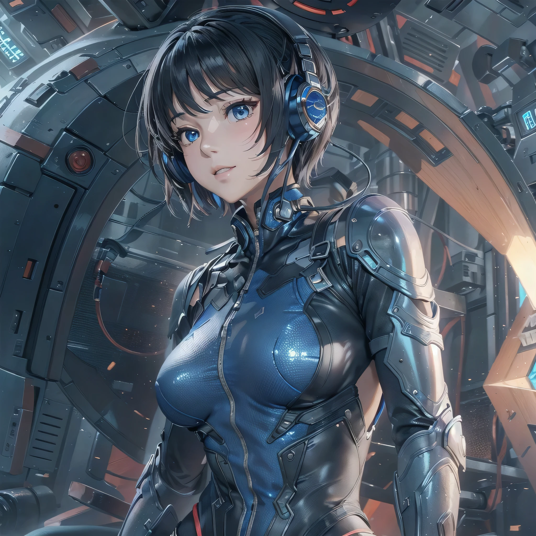 (masterpiece、highest quality、Highest Resolution、Clear_image、Detailed details、Angle from above): (Whole body、One 20 year old girl、Japanese Faces、Small Face、Slender、Navy blue super short bob cut hair、(Hidden small breasts:1.3)、Sparkling blue eyes、Shiny pilot suit in blue and black colors、Chest protection armor、Tight fitting clothes、Clothing that covers the whole body、Glamorous clothes、Tight Fit Pants、Hide your skin、Very delicate and beautiful、Detailed Skin、hide thighs、Hide your ass、Cute、A gentle smile、Soft expression、heroine、headset、Knee-high boots、Elbow-length gloves、Eye Level Shot、Face directly、Woman on a spaceship)