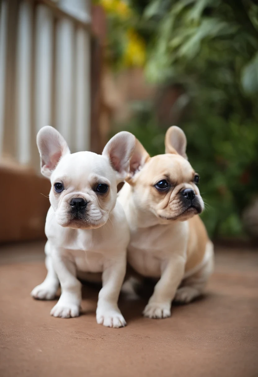 Couple of kindergarten teacher and civil engineer. Ela cabelo ondulado e castanho, baixinha, magra. Ele cabelo castanho raspado dos lados e onda no meio, magro e mais alto que ela. Cachorro feliz, White French bulldog with white spots.