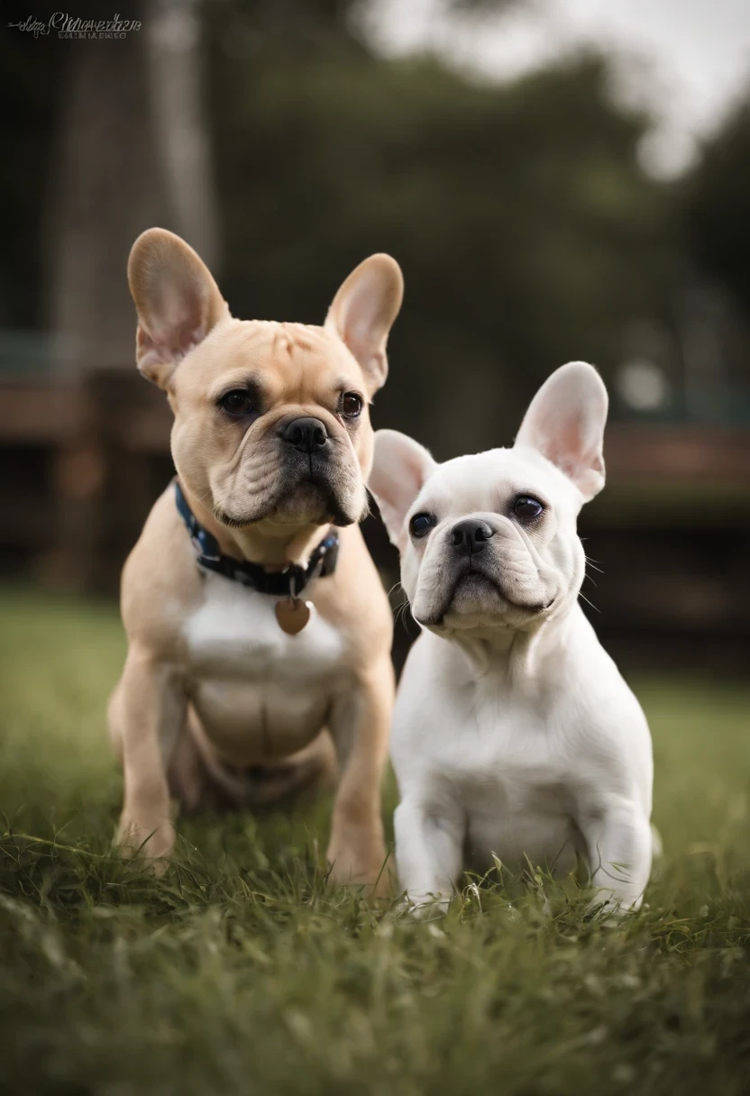 Couple of kindergarten teacher and civil engineer. Ela cabelo ondulado e castanho, baixinha, magra. Ele cabelo castanho raspado dos lados e onda no meio, magro e mais alto que ela. Cachorro feliz, White French bulldog with white spots.