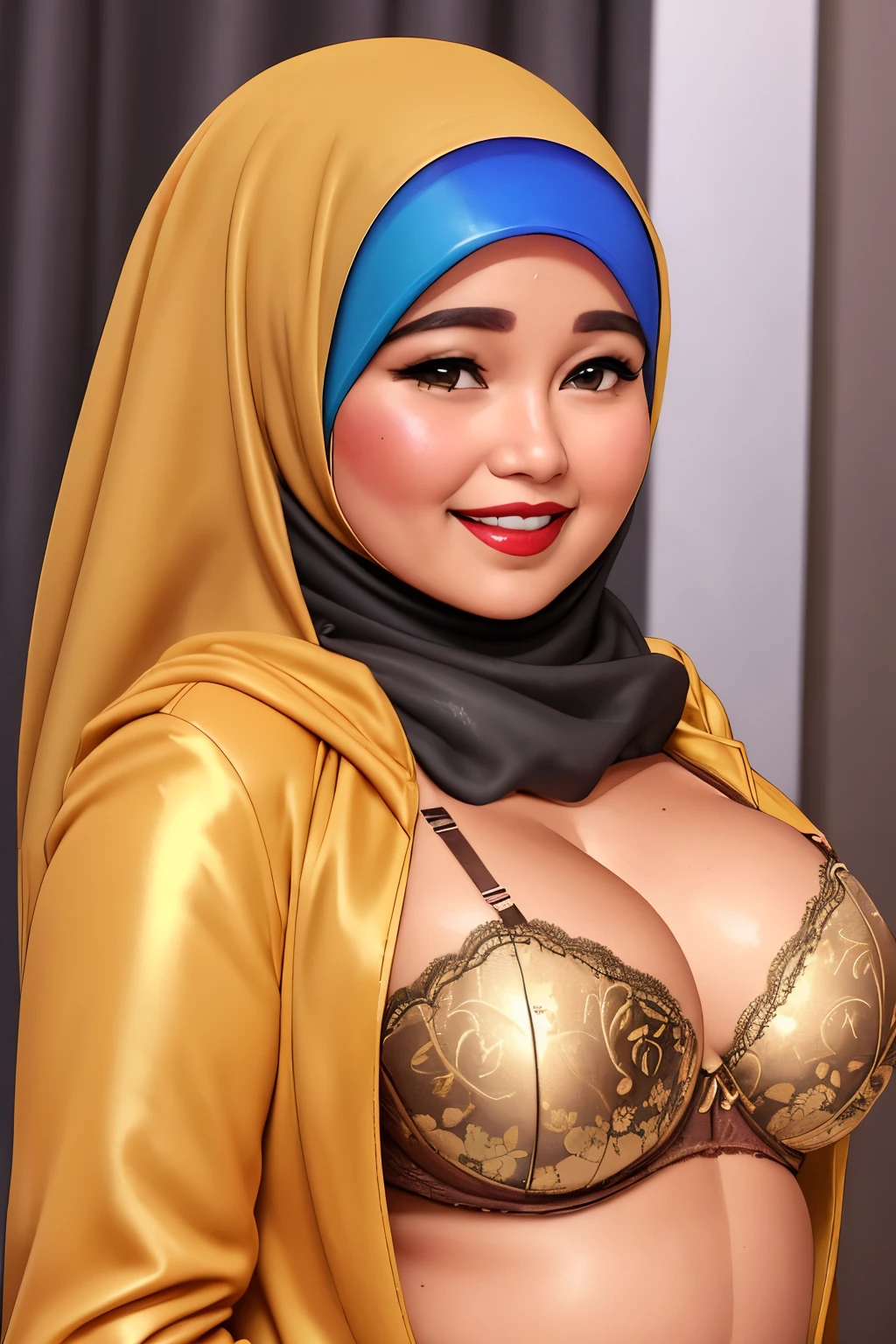((WEARING LINGERIE BRA)), Coats, Shiny Breasts, ((Hijab)), ((62 years old)), "Plumpers", ("Gold Hijab Floral pattern Naked"), "G-String & Thong", "Oki Setiana Dewi", ("Rainbow Hijab Floral pattern Naked"), Chubby Wearing Lace Bra & Short Hairy Pussy, "Facial expression in Happy Smile", "Rainbow", "Red Lips", "Bokeh", "Very Happy facial reaction", (Heavy Huge Breasts Tits), Background Kuala Lumpur Twin tower, fat chubby, ((HEAVY NIPPLES)),