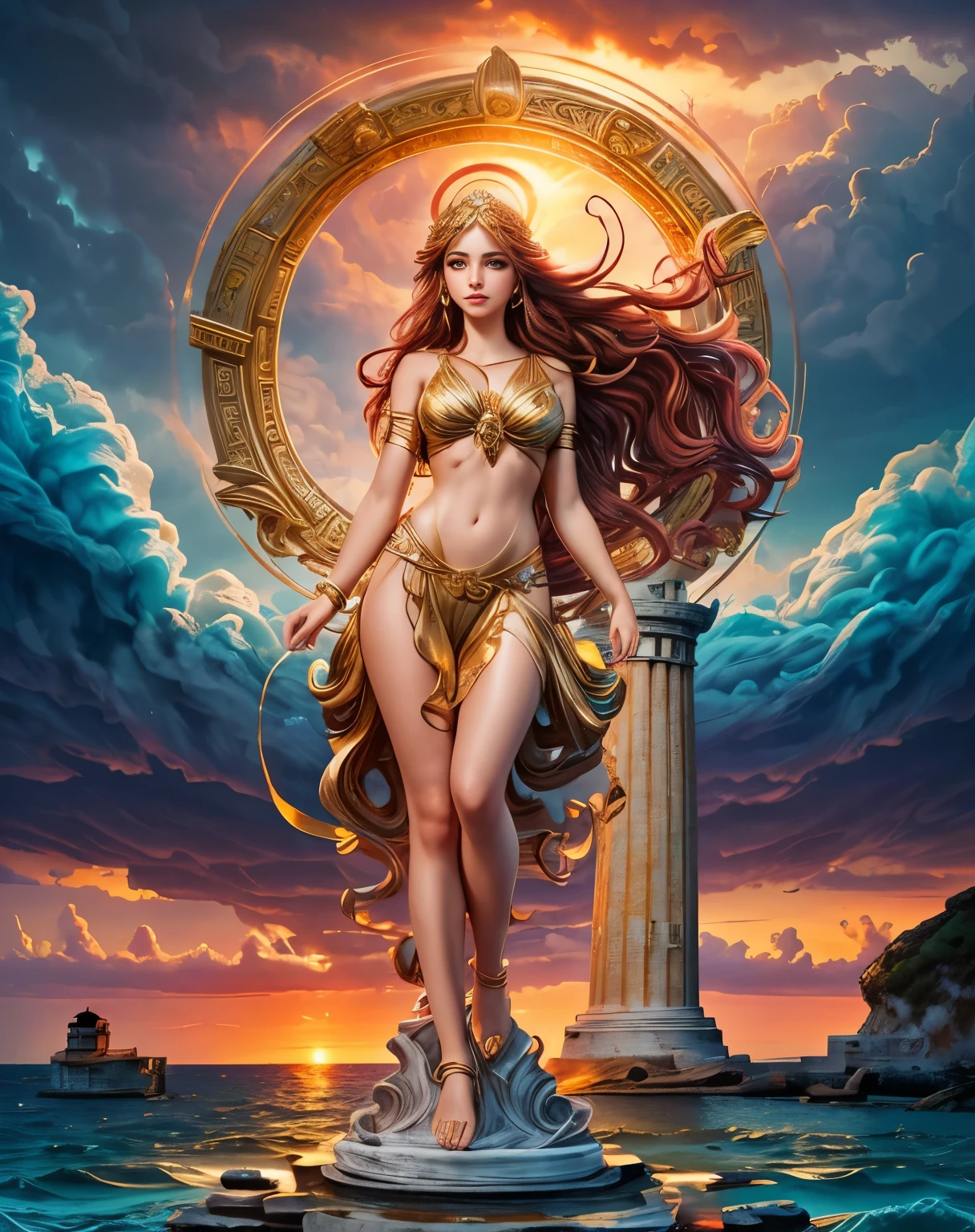 Surreal art of a beautiful woman embodying the goddess of the sea, standing on an ancient column immersed in abstract swirling sea waves, her long brown hair with bright golden locks fluttering in the stormy air as the spectacular setting sun paints the sky with red clouds, dark clouds intertwined with lightning and a gentle drizzle, watercolor style masterpiece with an effect that creates a stormy sky, transparent swimwear underwear, ancient Greek city blurred in the distance, ancient city in the fog, lighthouse shining, lighthouse illuminates the sea, goddess dressed in gold jewelry, girl from behind watching the sunset, she poses on a marble pedestal, she is standing on a marble column,