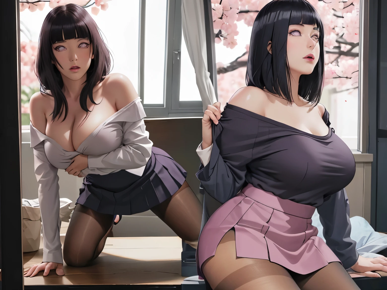 ((1 character))((pantyhose )) ((huge tits))masterpiece, absurdres, hinata\(boruto\), 1girl, ((sexy mini college skirt))solo,mature female, off-shoulder oversized shirt, looking at viewer, (falling petals), perfect composition, detailed lips, beautiful face, body propotion, blush, (pink lips), long hair, purple eyes, soft gaze, super realistic, detailed, photoshoot, realistic face and body, side view,sexual expresion,seductive expresion