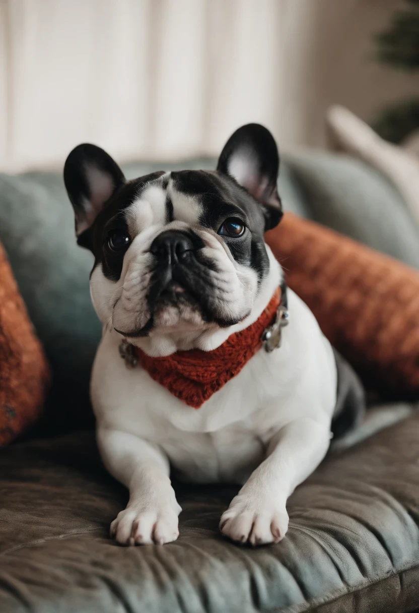 Disney Pixar character happy chubby french bulldog black and white on sofa