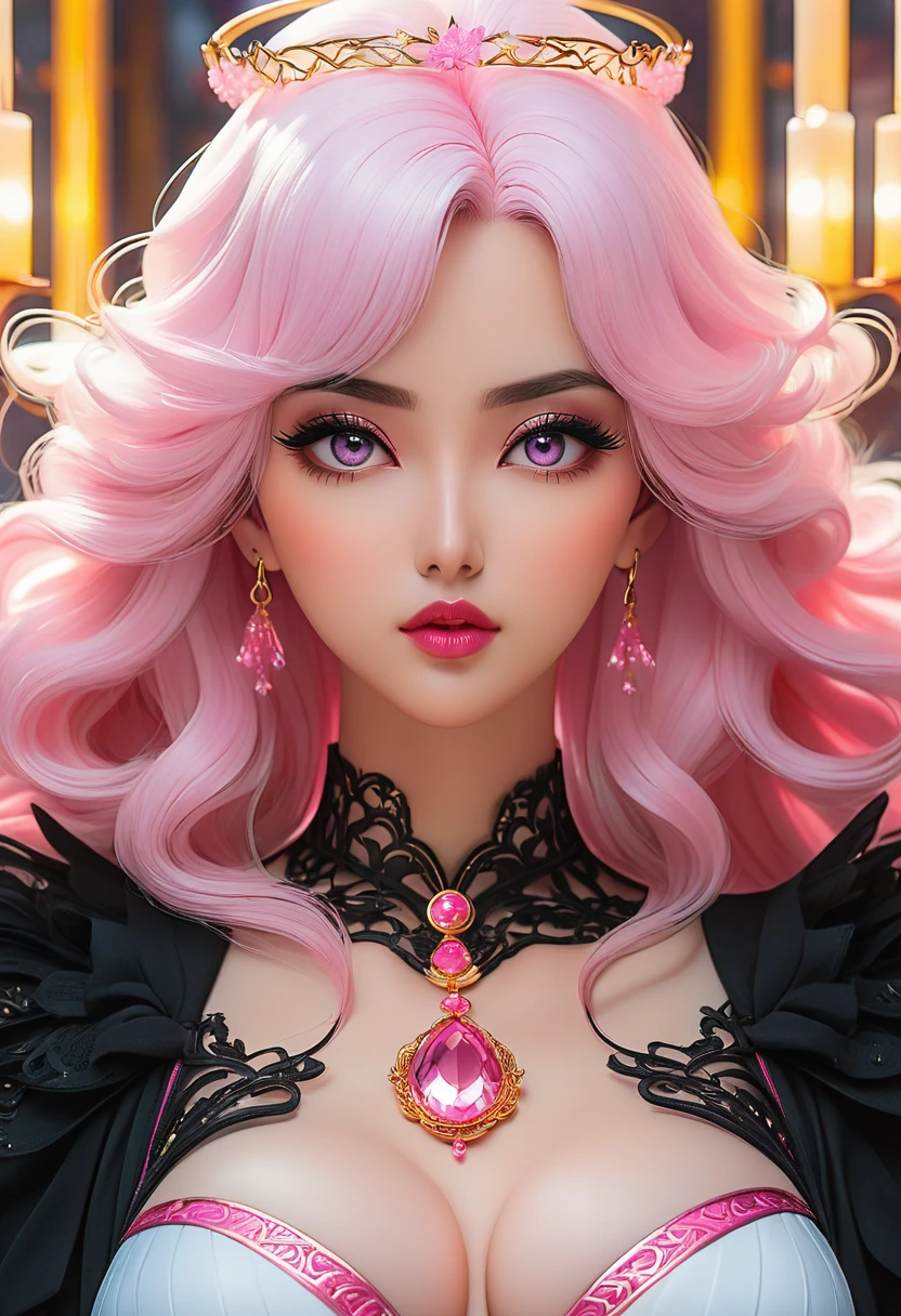 In a mesmerizingly portrayal, thick women busty, a glam-goth goddess angel her Age 28, clean skin,her figure is curvy and well proportional, midriff, pink, trending on cgsociety, epic, trending on artstation, highly detailed, vibrant, production cinematic character render, ultra-high-quality model, golden ratio manhwa, manhua, detailed eyes, background mysterious, does not produce same dress ,image when remixed.