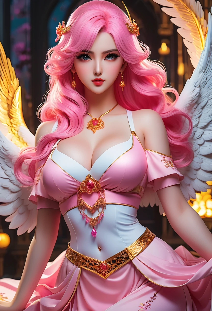 In a mesmerizingly portrayal, thick women busty, a glam-goth goddess angel her Age 28, clean skin,her figure is curvy and well proportional, midriff, pink, trending on cgsociety, epic, trending on artstation, highly detailed, vibrant, production cinematic character render, ultra-high-quality model, golden ratio manhwa, manhua, detailed eyes, background mysterious, does not produce same dress ,image when remixed.