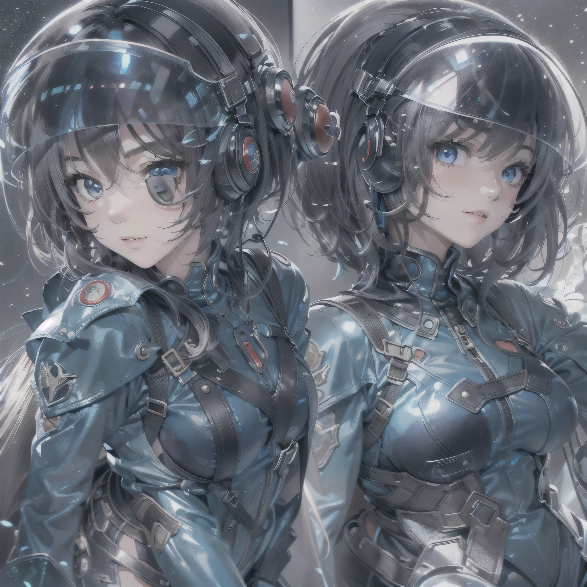 (masterpiece、highest quality、Highest Resolution、Clear_image、Detailed details、Angle from above): (Whole body、One 20 year old girl、Japanese Faces、Small Face、Slender、Navy blue super short bob cut hair、(Hidden small breasts:1.3)、Sparkling blue eyes、Shiny pilot suit in blue and black colors、Chest protection armor、Tight fitting clothes、Clothing that covers the whole body、Glamorous clothes、Tight Fit Pants、Hide your skin、Very delicate and beautiful、Detailed Skin、hide thighs、Hide your ass、Cute、A gentle smile、Soft expression、heroine、headset、Knee-high boots、Elbow-length gloves、Eye Level Shot、Face directly、Woman on a spaceship)