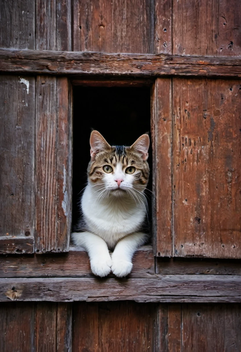there is a cat that is looking out of a crack in an old wooden door, i see you, looking outside, staring at you, andrey gordeev, seeing a cat, hiding, looking in front, by Jan Kupecký, looking at you, middle close up composition, hiding behind obstacles, window open, opening door, curious expression, crepuscular lighting, fujifilm provia 400x, massurrealism, luminous shadows, renaissance-inspired chiaroscuro, HDRI