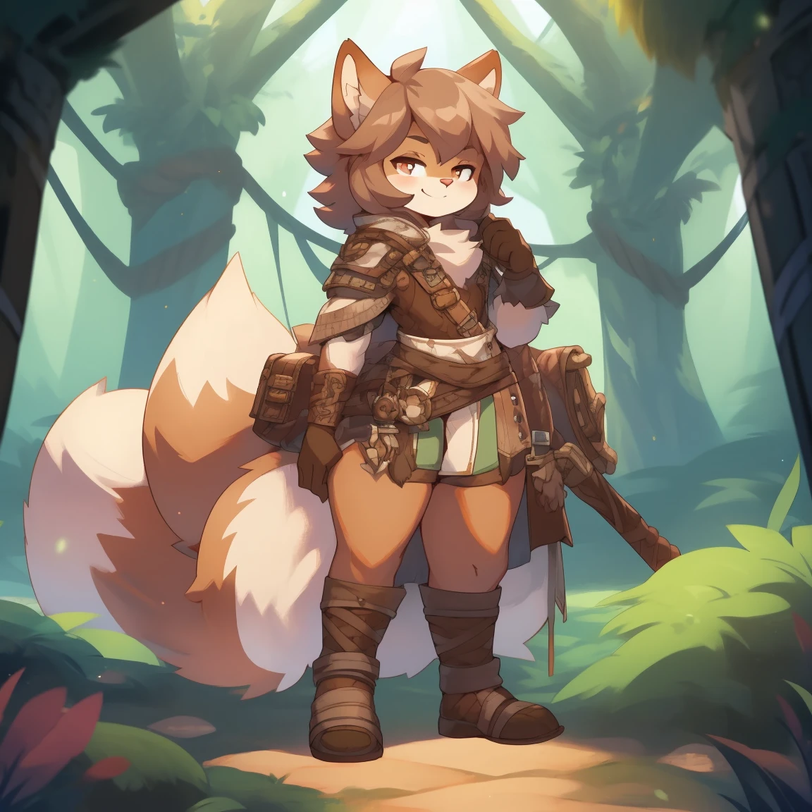 Best quality, Super detailed illustration, (fluffy squirrel boy:1.4), solo, male, feminine face and body, disheveled thick hair, adventurer equipment, smug smile, half-closed eyes, femboy, wide hips, thicc, hourglass figure, DND style