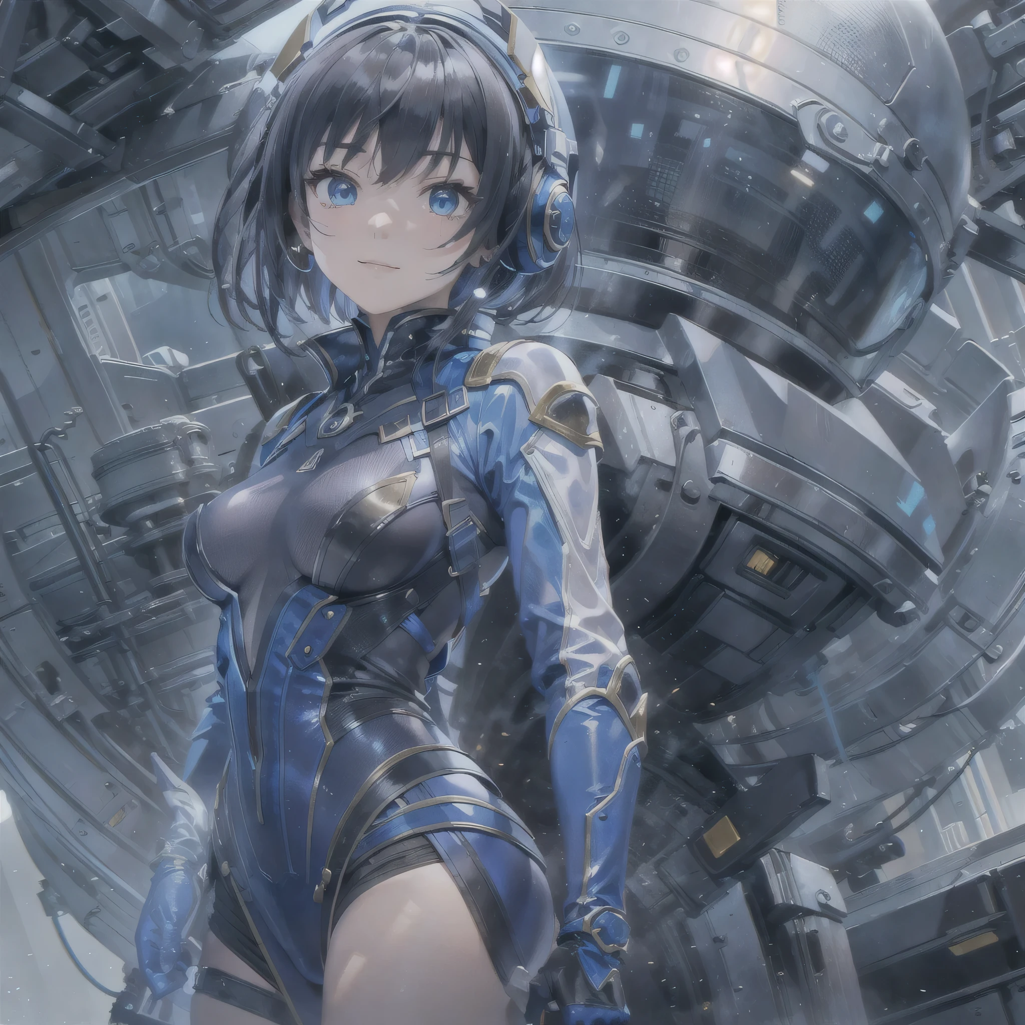 (masterpiece、highest quality、Highest Resolution、Clear_image、Detailed details、Angle from above): (Whole body、One 20 year old girl、Japanese Faces、Small Face、Slender、Navy blue super short bob cut hair、(Hidden small breasts:1.3)、Sparkling blue eyes、Shiny pilot suit in blue and black colors、Chest protection armor、Tight fitting clothes、Clothing that covers the whole body、Glamorous clothes、Tight Fit Pants、Hide your skin、Very delicate and beautiful、Detailed Skin、hide thighs、Hide your ass、Cute、A gentle smile、Soft expression、heroine、headset、Knee-high boots、Elbow-length gloves、Eye Level Shot、Face directly、Woman on a spaceship)