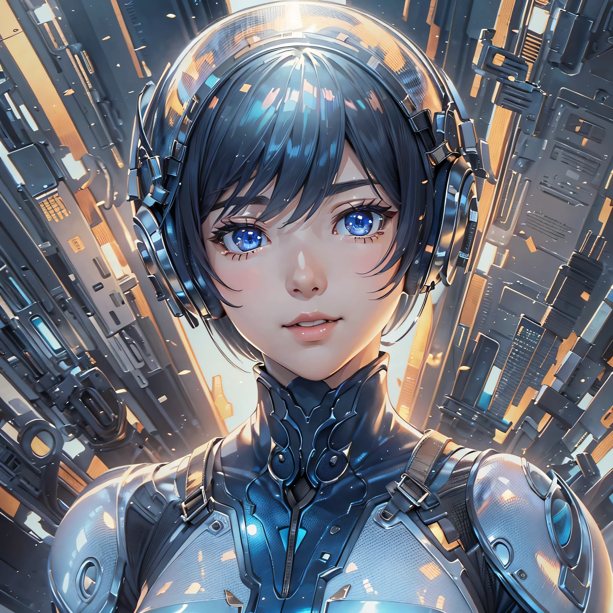 (masterpiece、highest quality、Highest Resolution、Clear_image、Detailed details、Angle from above): (Whole body、One 20 year old girl、Japanese Faces、Small Face、Slender、Navy blue super short bob cut hair、(Hidden small breasts:1.3)、Sparkling blue eyes、Shiny pilot suit in blue and black colors、Chest protection armor、Tight fitting clothes、Clothing that covers the whole body、Glamorous clothes、Tight Fit Pants、Hide your skin、Very delicate and beautiful、Detailed Skin、hide thighs、Hide your ass、Cute、A gentle smile、Soft expression、heroine、headset、Knee-high boots、Elbow-length gloves、Eye Level Shot、Face directly、Woman on a spaceship)