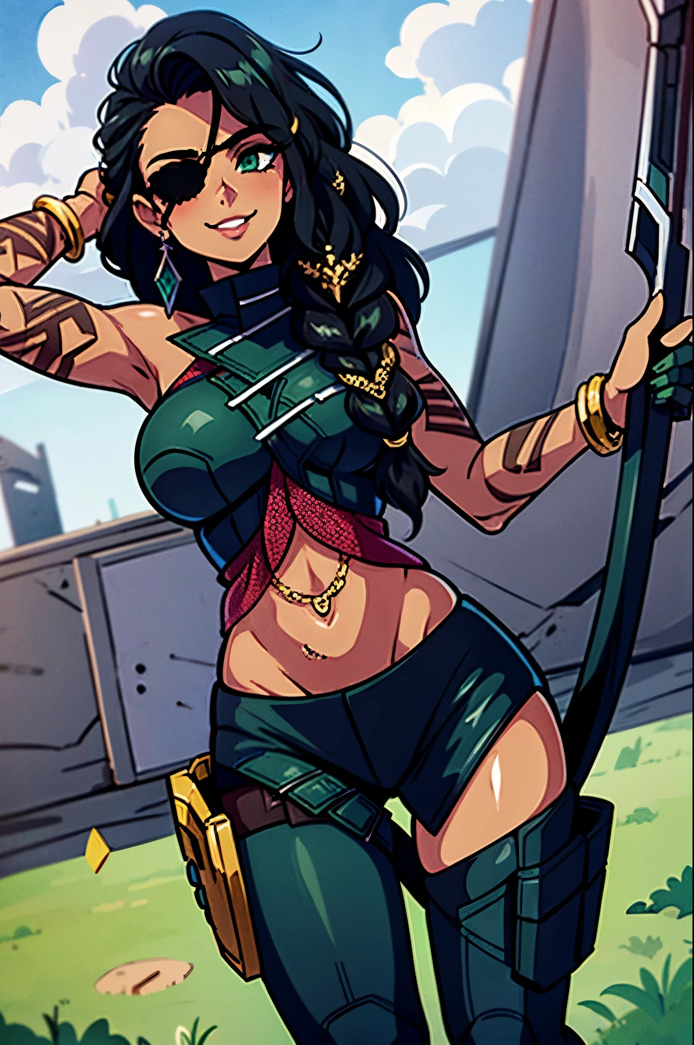 sky, field, grass, samira \(league of legends\), league of legends, 1girl, jewelry, tattoo, eyepatch, earrings, green eyes, braid, long hair, dark skin, gloves, armor, navel, bracelet, lips, hair over shoulder, smile, looking at viewer, arm tattoo, mole, mole above mouth 