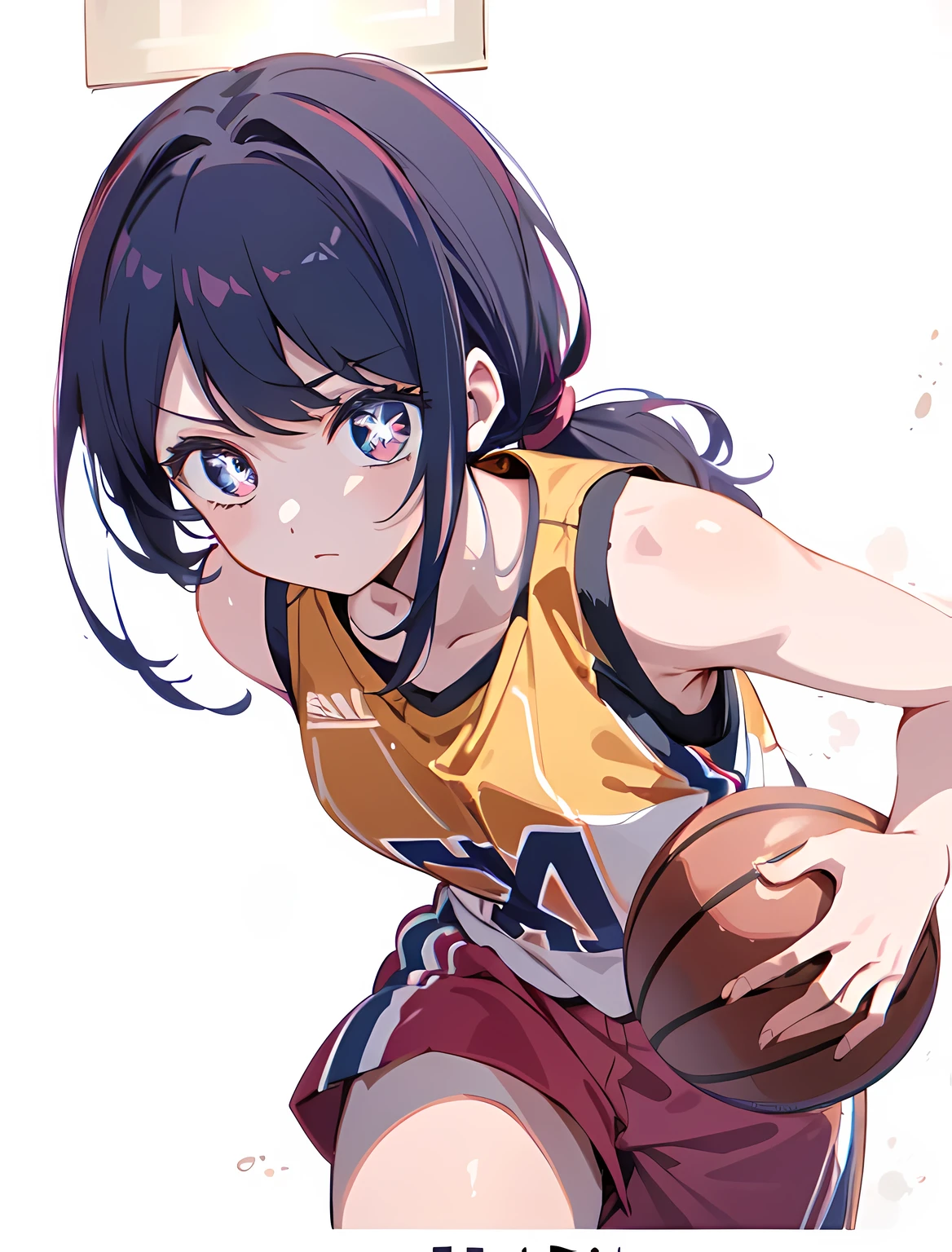 ai hoshino,basketball player, (basketball court background:1.3), (red, yellow, black, sportswear),(pony tail:1.3),(head to thigh visible:1.4), playing basketball, intense basketball match, ((running while holding basketball)), ((sharp focus)) daytime,indoor lighting,anime style,oshi no ko art style, best quality, unity 8k wallpaper, anatomically correct, (((masterpiece))), (((best quality))), (((ultra detailed))), (((high-resolution))), ((super fine illustration)), ((Ultimate cutie)), ((detailed beautiful face)), ((perfect hands)), perfect finger, ((perfect eyes)), (((good anatomy))), Solo, One girl,(looking at the screen:1.4), long purple hair, 16 year old five-pointed star in the eyes, medium breasts, (round chest:1.3), healthy feminine body, ((dribble a beautiful Perfectly spherical 6" basketball with one hand)), speedy moment, good camera angle, ((running)), (plain white background:1.4)