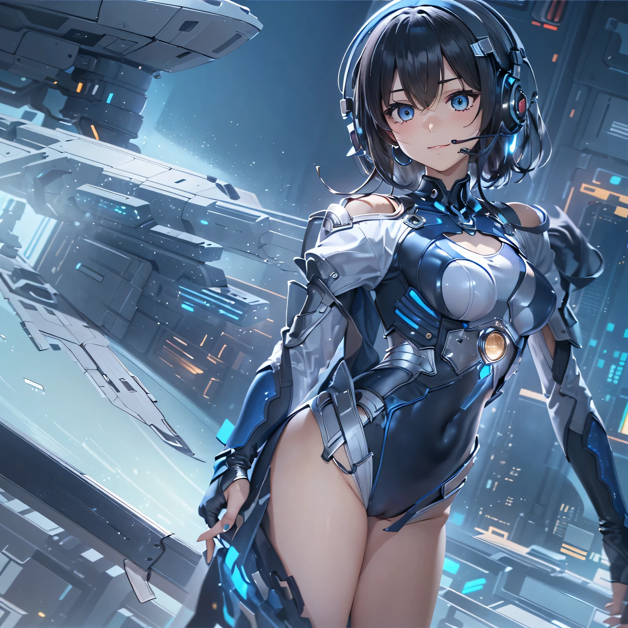 (masterpiece、highest quality、Highest Resolution、Clear_image、Detailed details、Angle from above): (Whole body、One 20 year old girl、Japanese Faces、Small Face、Slender、Navy blue super short bob cut hair、(Hidden small breasts:1.3)、Sparkling blue eyes、Shiny pilot suit in blue and black colors、Chest protection armor、Tight fitting clothes、Clothing that covers the whole body、Glamorous clothes、Tight Fit Pants、Hide your skin、Very delicate and beautiful、Detailed Skin、hide thighs、Hide your ass、Cute、A gentle smile、Soft expression、heroine、headset、Knee-high boots、Elbow-length gloves、Eye Level Shot、Face directly、Woman on a spaceship)