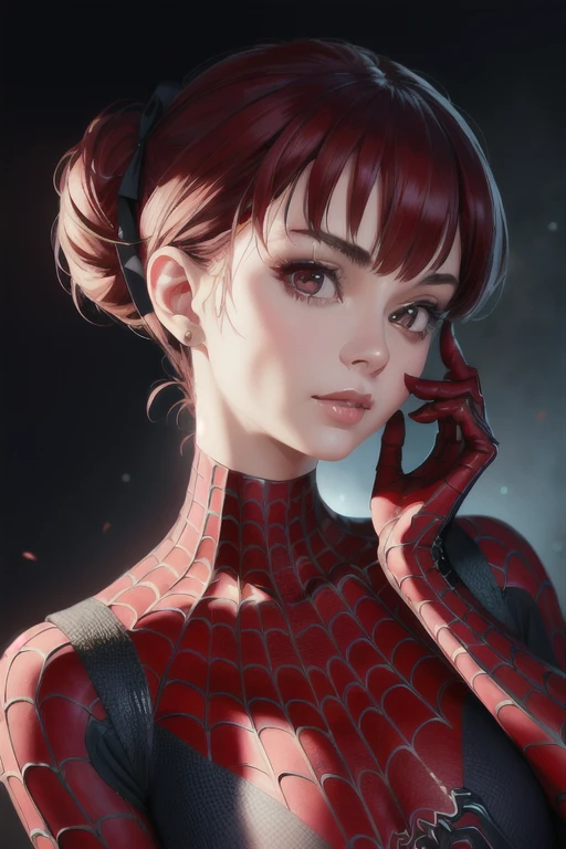 best quality,game cg,1girl, masterpiece, best quality, 8k, detailed skin texture, detailed cloth texture, beautiful detailed face, intricate details, ultra detailed, audrey hepburn, Spider-Man uniform, straight red hair, (Half body:1.2)